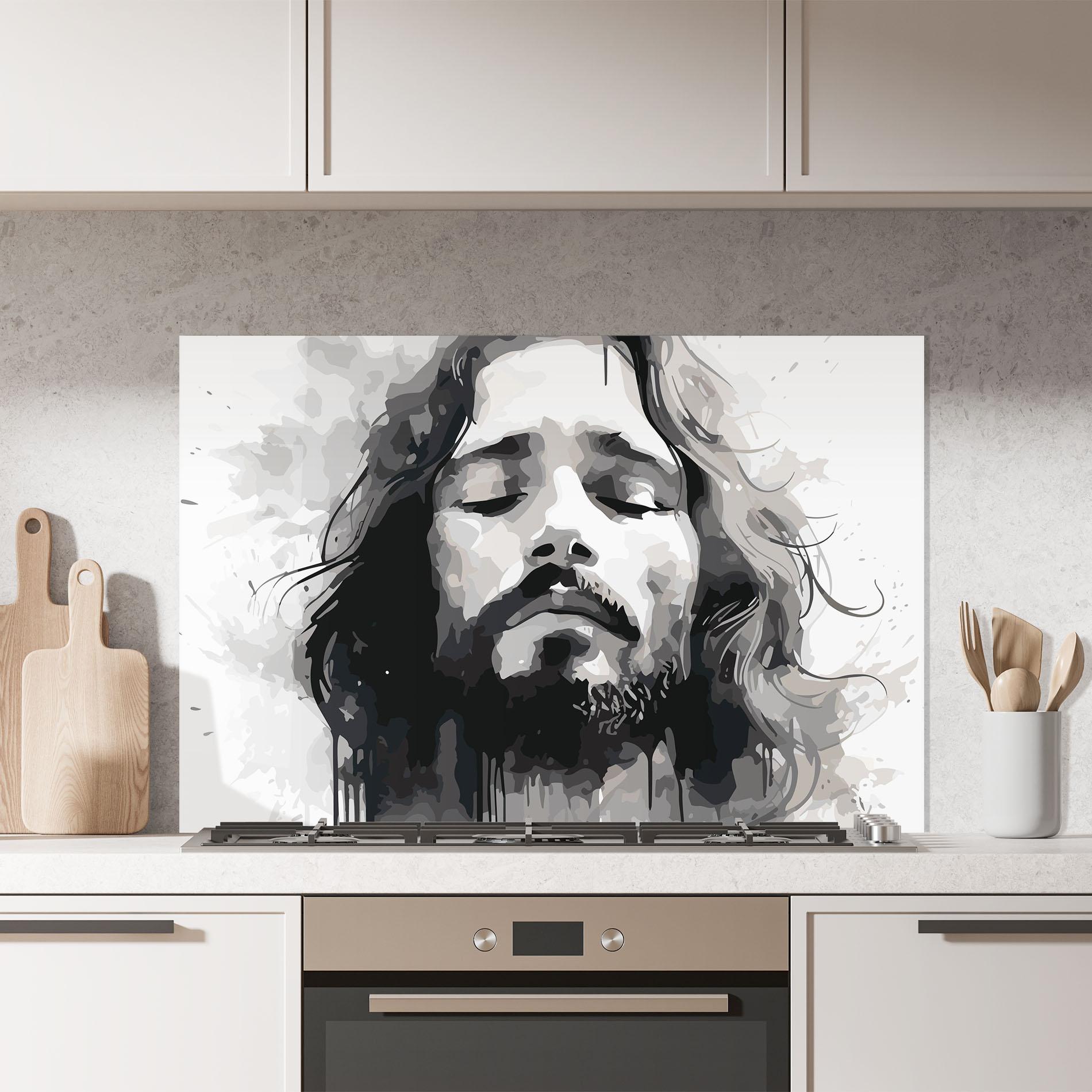 Küchenrückwand Glas Jesus Ink Art mockup 7