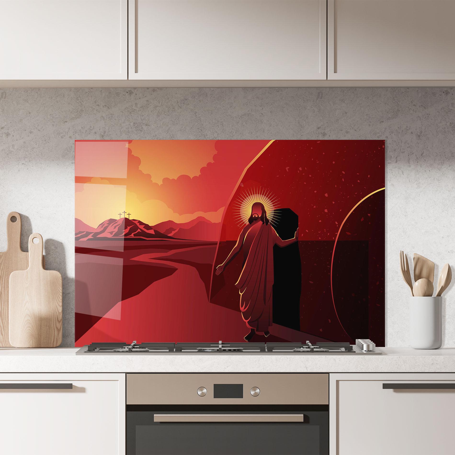 Küchenrückwand Glas Jesus Rises mockup 7