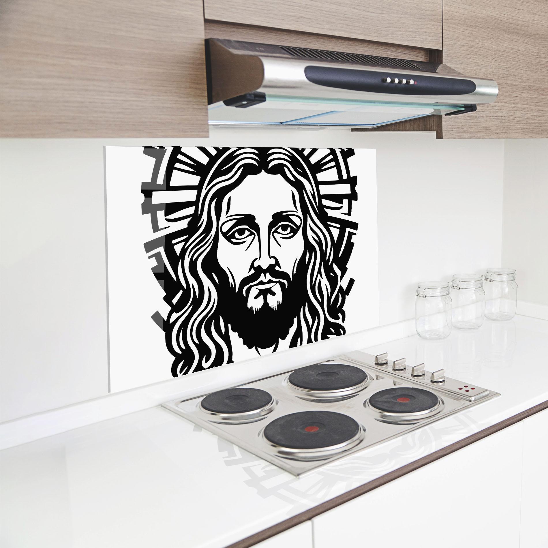 Küchenrückwand Glas Black Line Jesus mockup 8