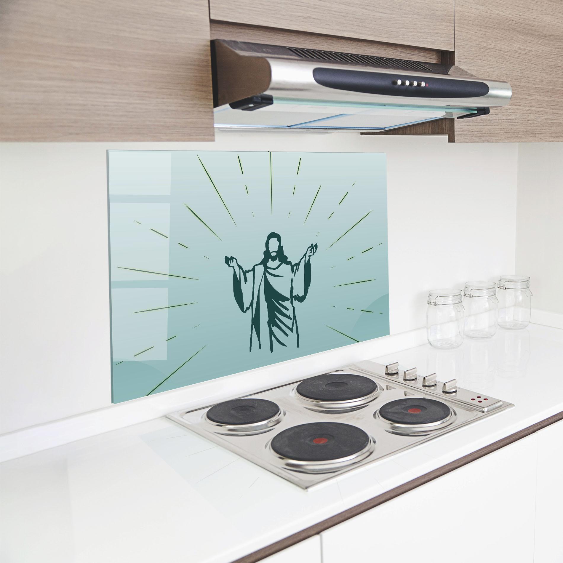 Küchenrückwand Glas Blue Art Jesus mockup 8