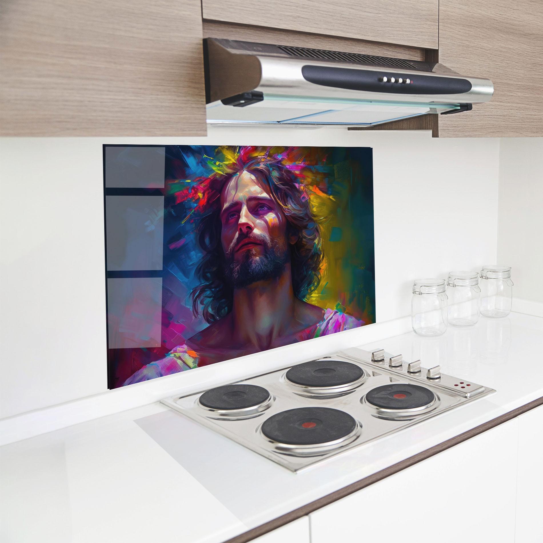 Küchenrückwand Glas Colorful Creative Jesus mockup 8