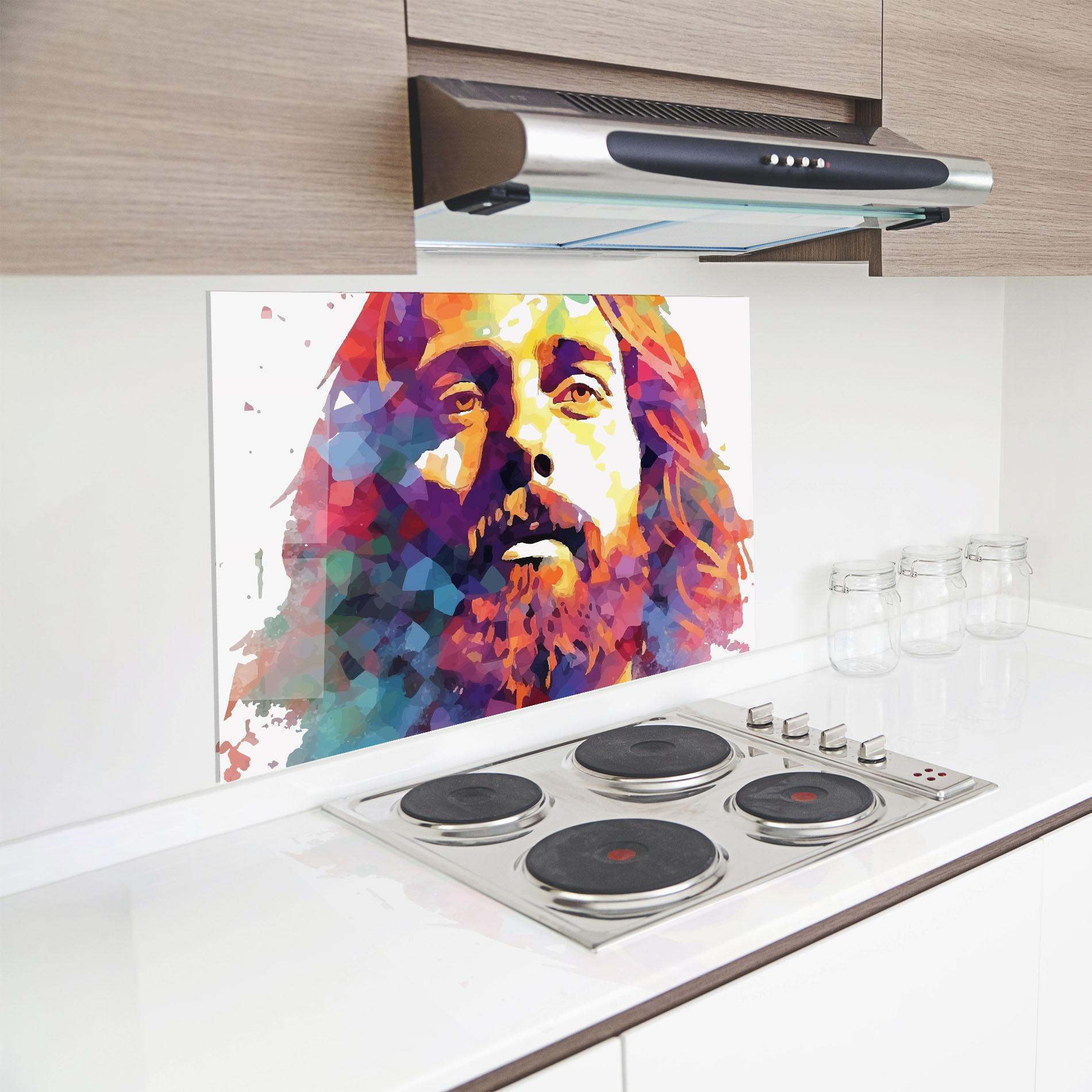 Küchenrückwand Glas Colorful Light Jesus mockup 8