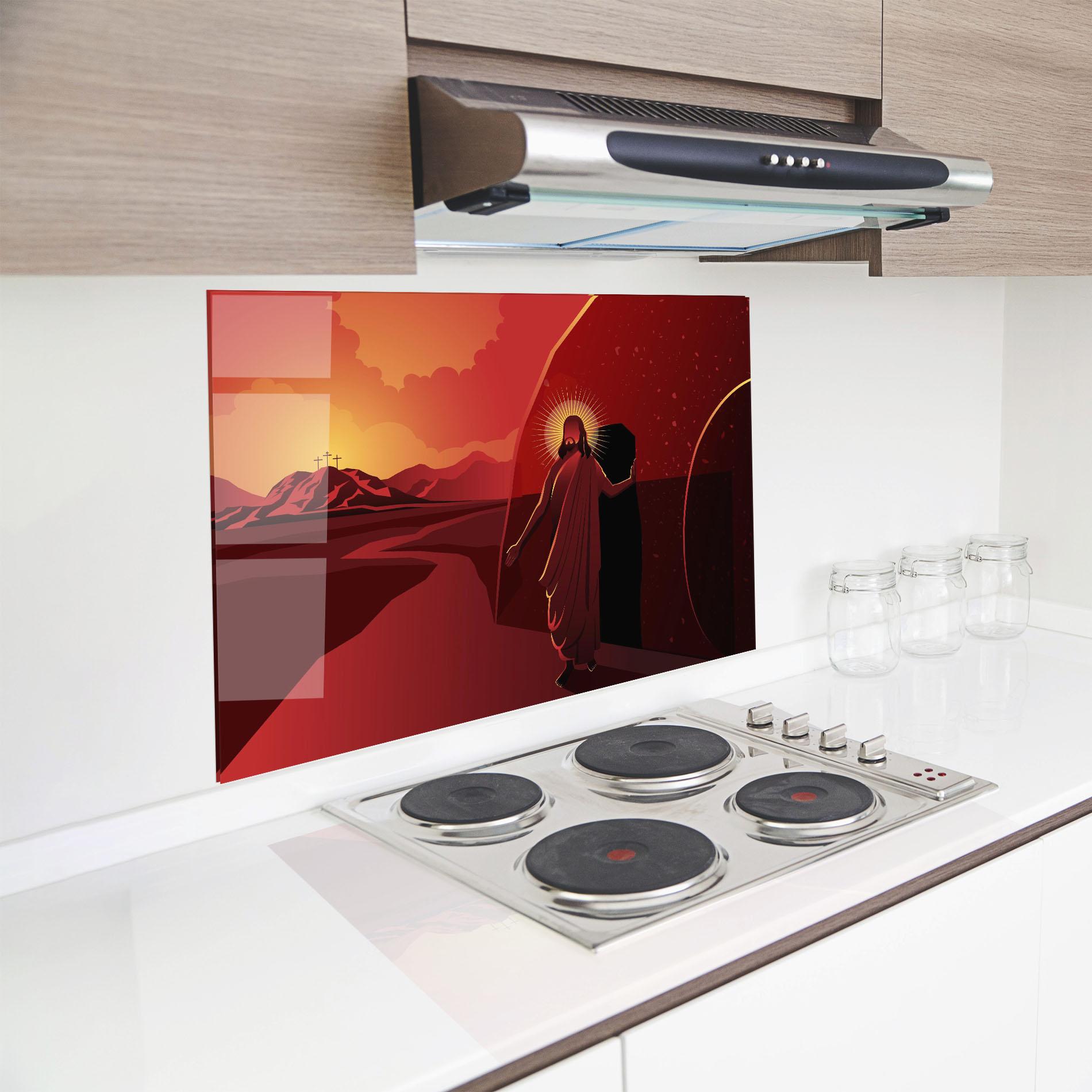 Küchenrückwand Glas Jesus Rises mockup 8