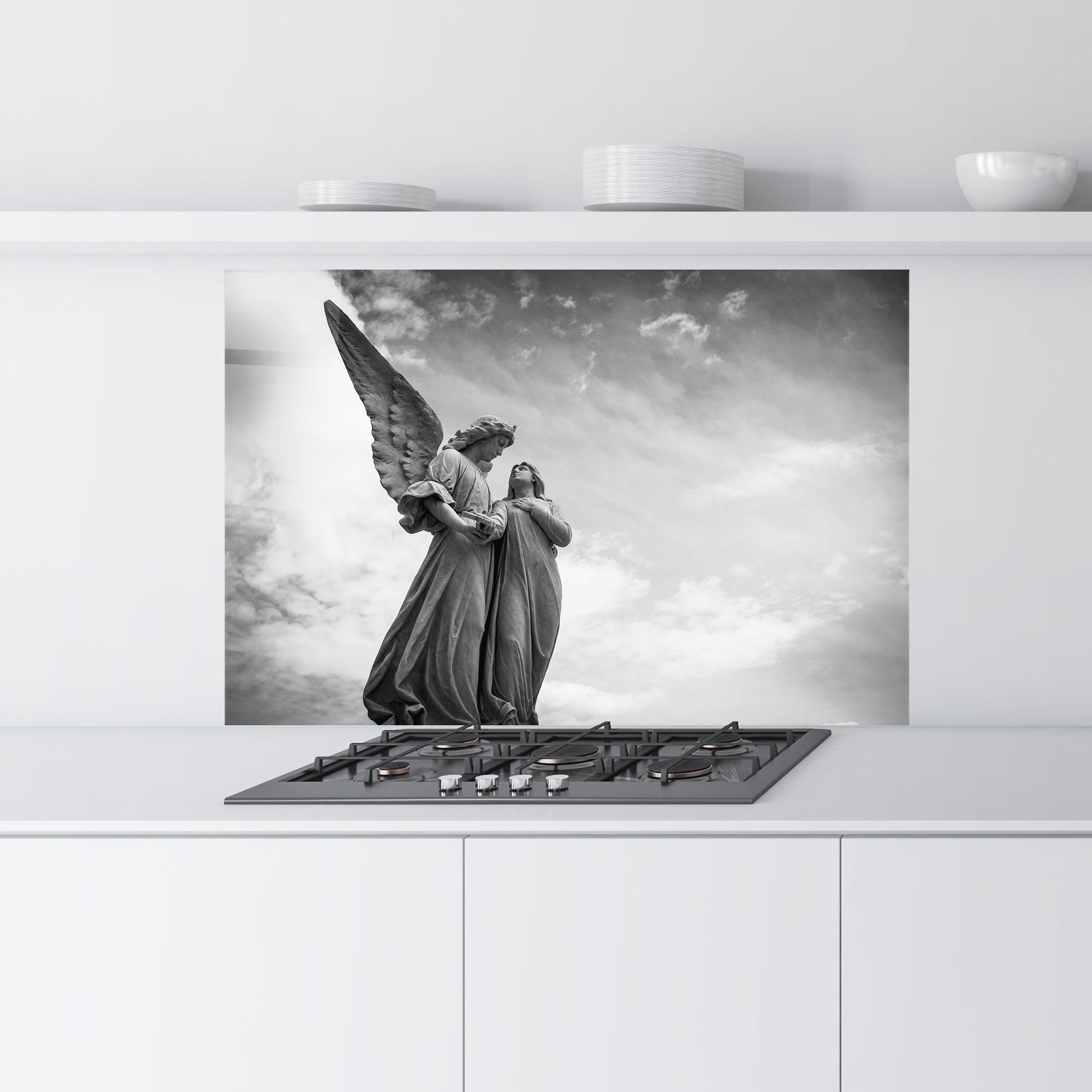 Küchenrückwand Glas Grey Stone Angels mockup 9