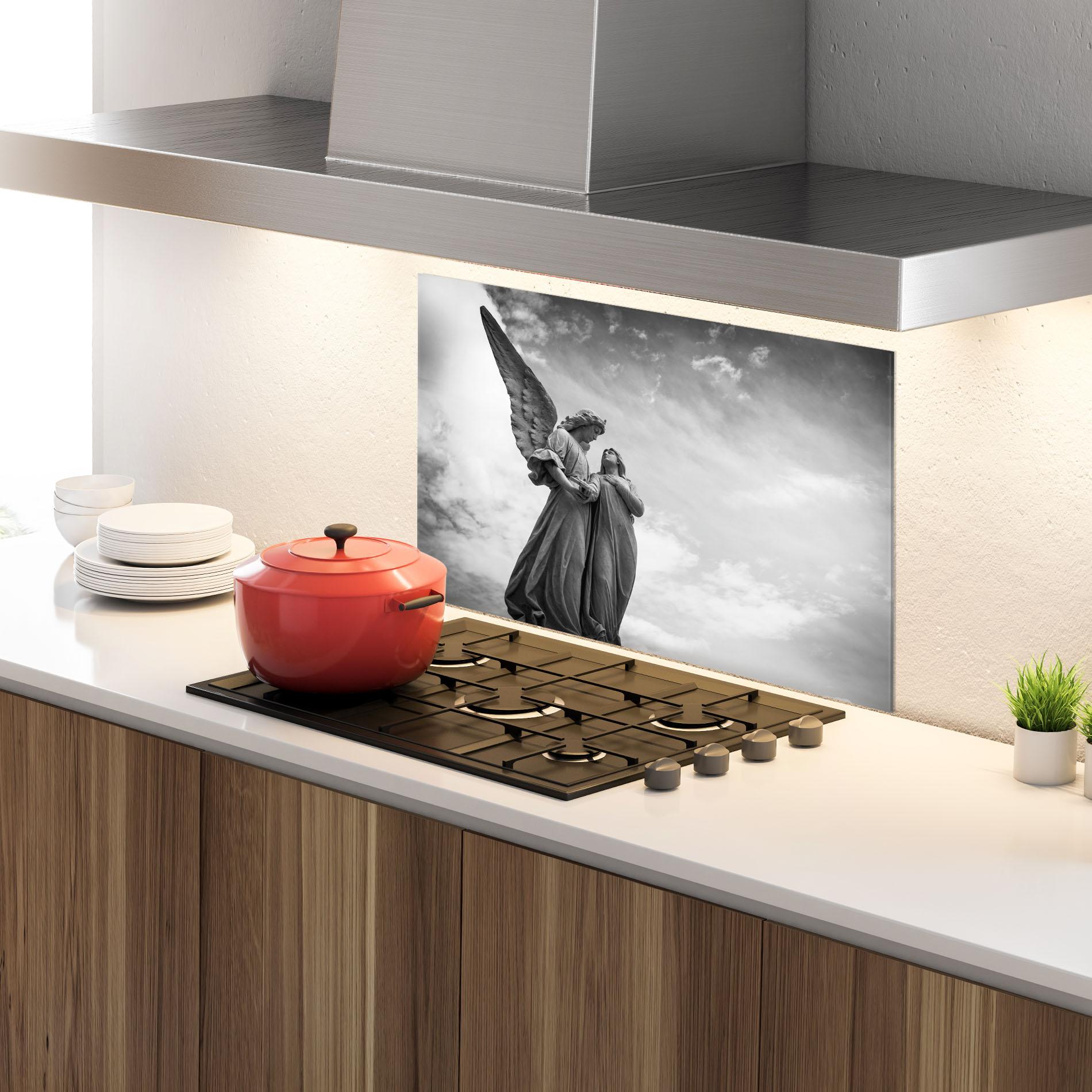 Küchenrückwand Glas Grey Stone Angels mockup 4