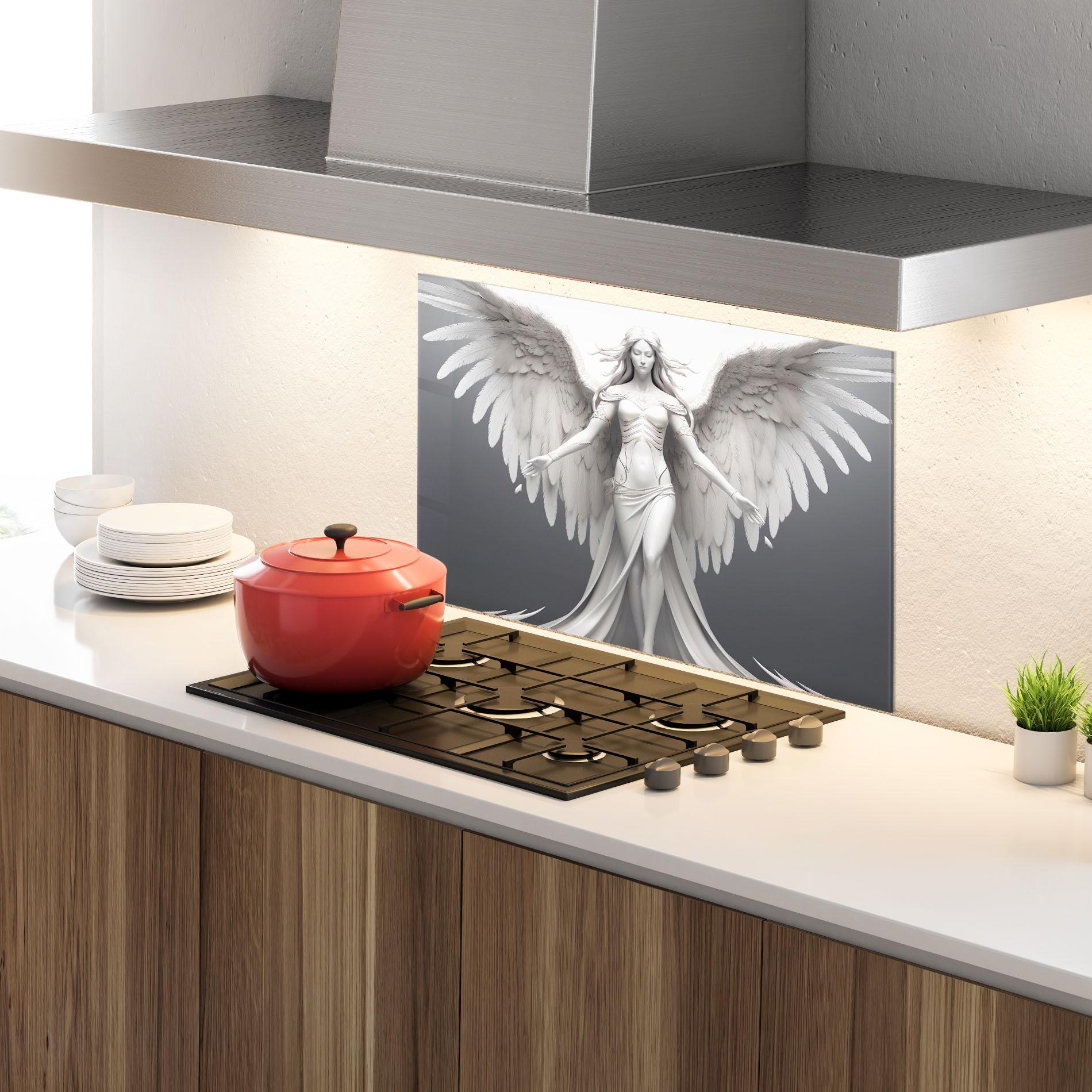 Küchenrückwand Glas White Stone Woman mockup 4