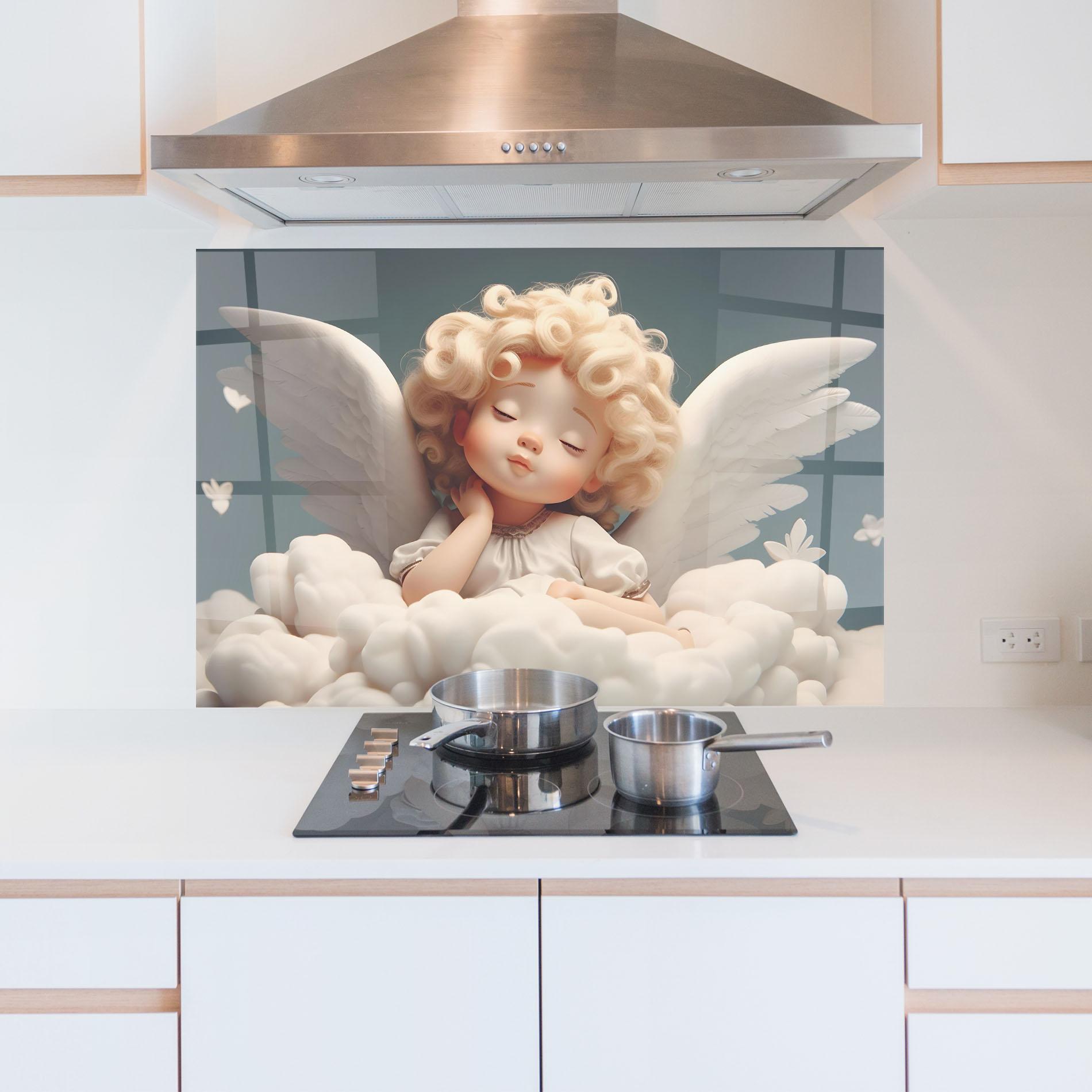 Küchenrückwand Glas Statue Baby Angel mockup 5