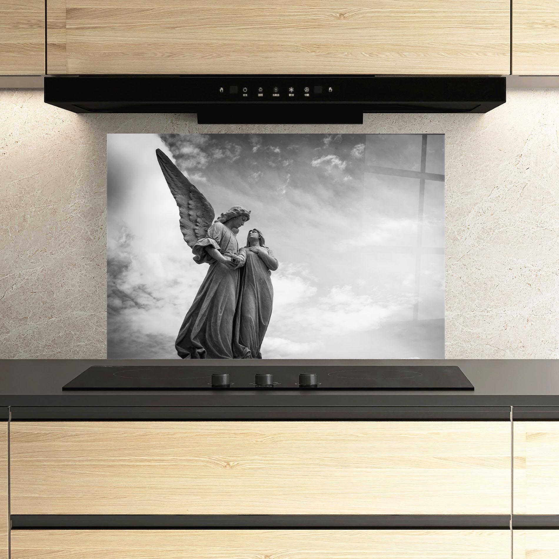 Küchenrückwand Glas Grey Stone Angels mockup 3