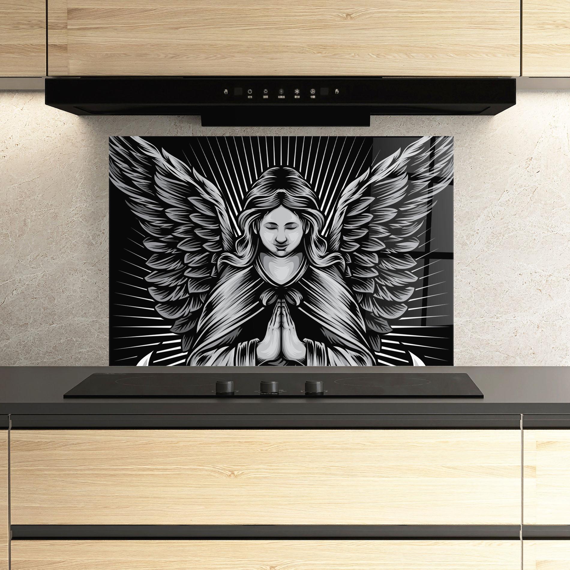 Küchenrückwand Glas Wings Pray mockup 3