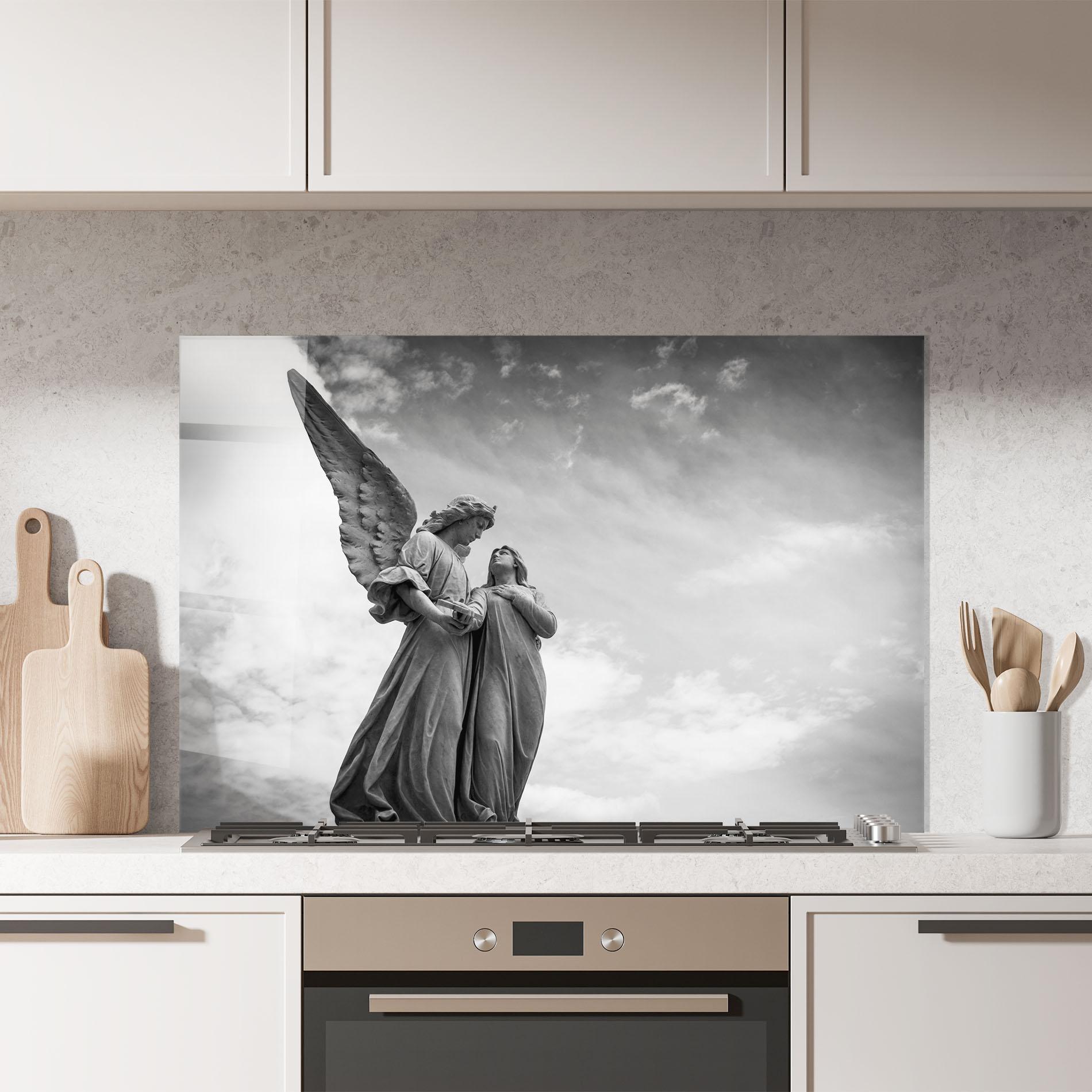 Küchenrückwand Glas Grey Stone Angels mockup 7