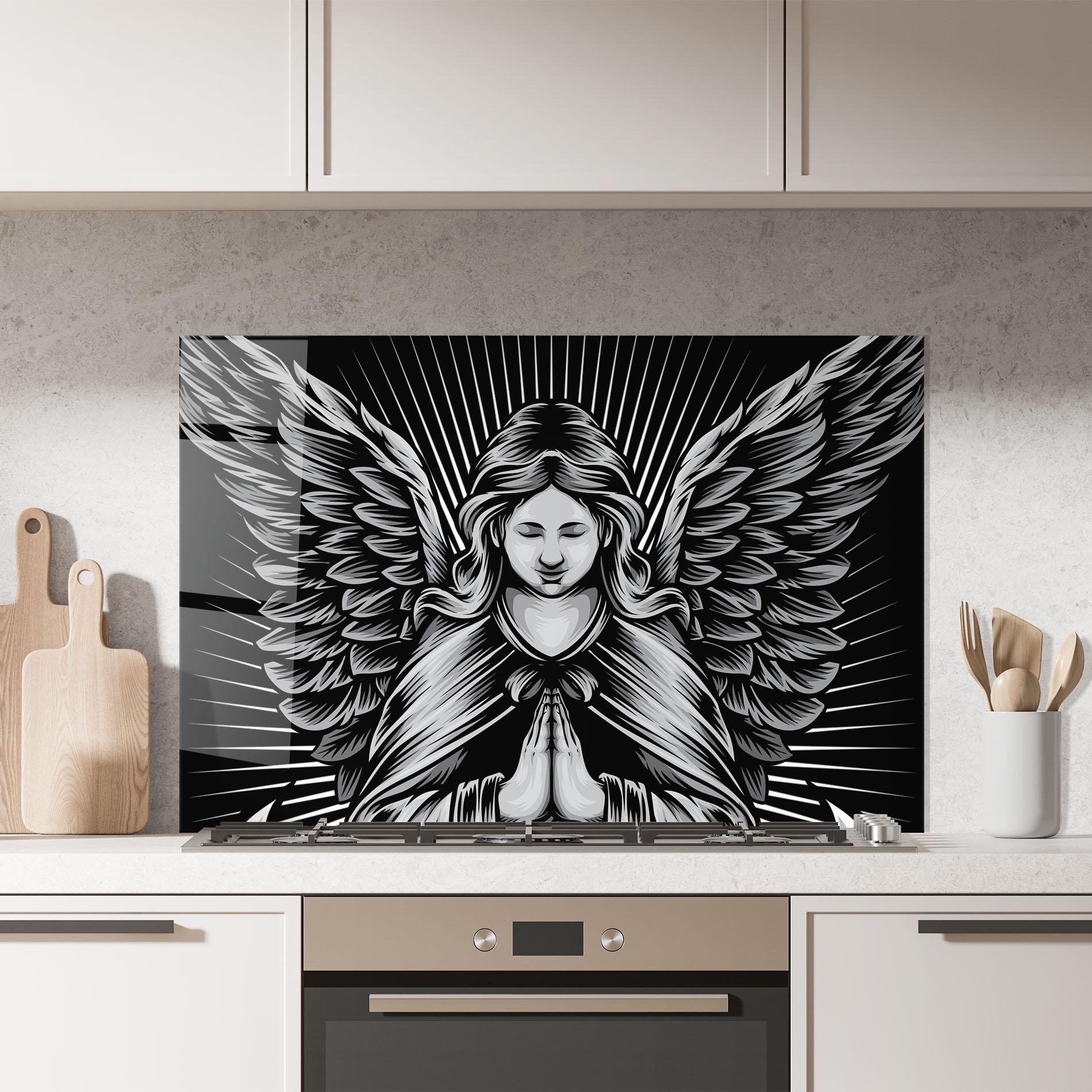 Küchenrückwand Glas Wings Pray mockup 7