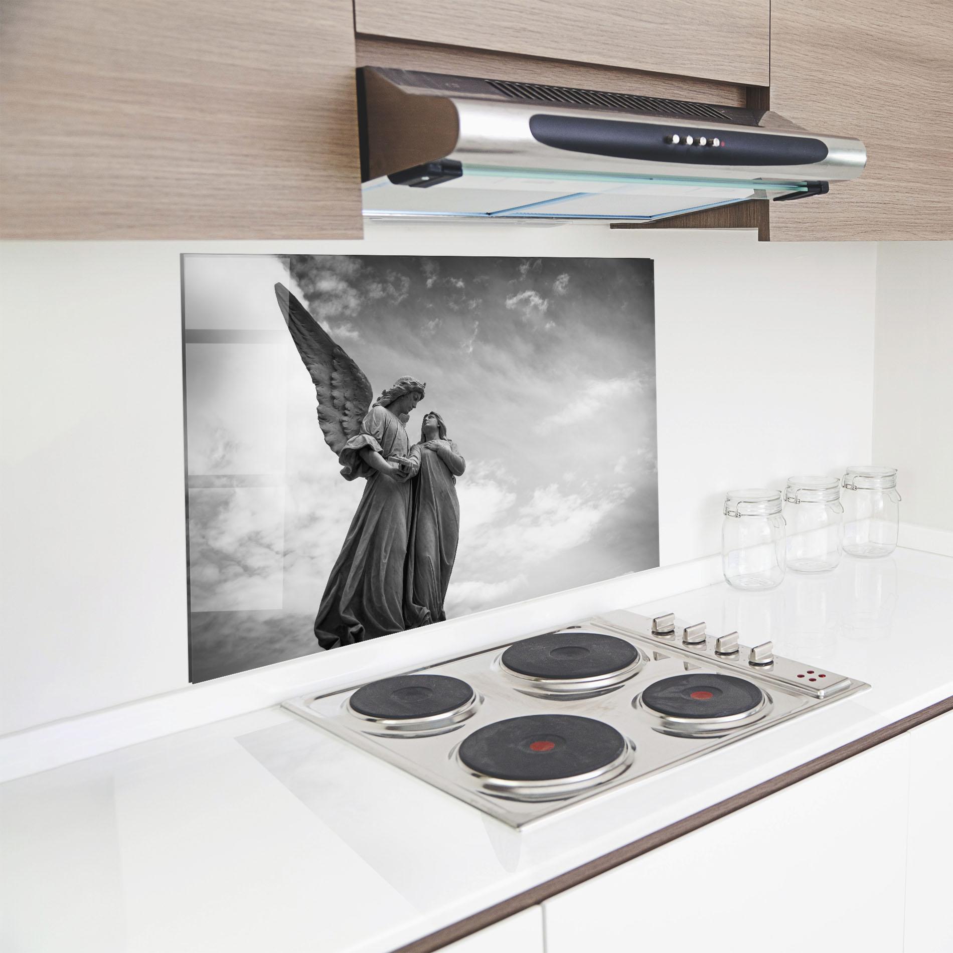 Küchenrückwand Glas Grey Stone Angels mockup 8