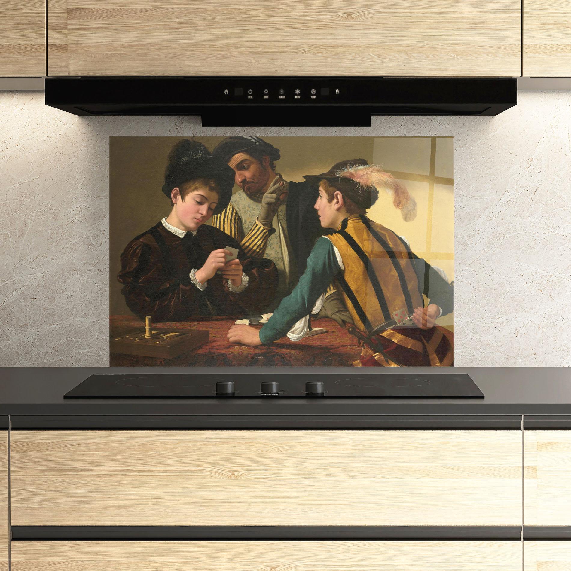Küchenrückwand Glas Caravaggio The Cardsharps mockup 3