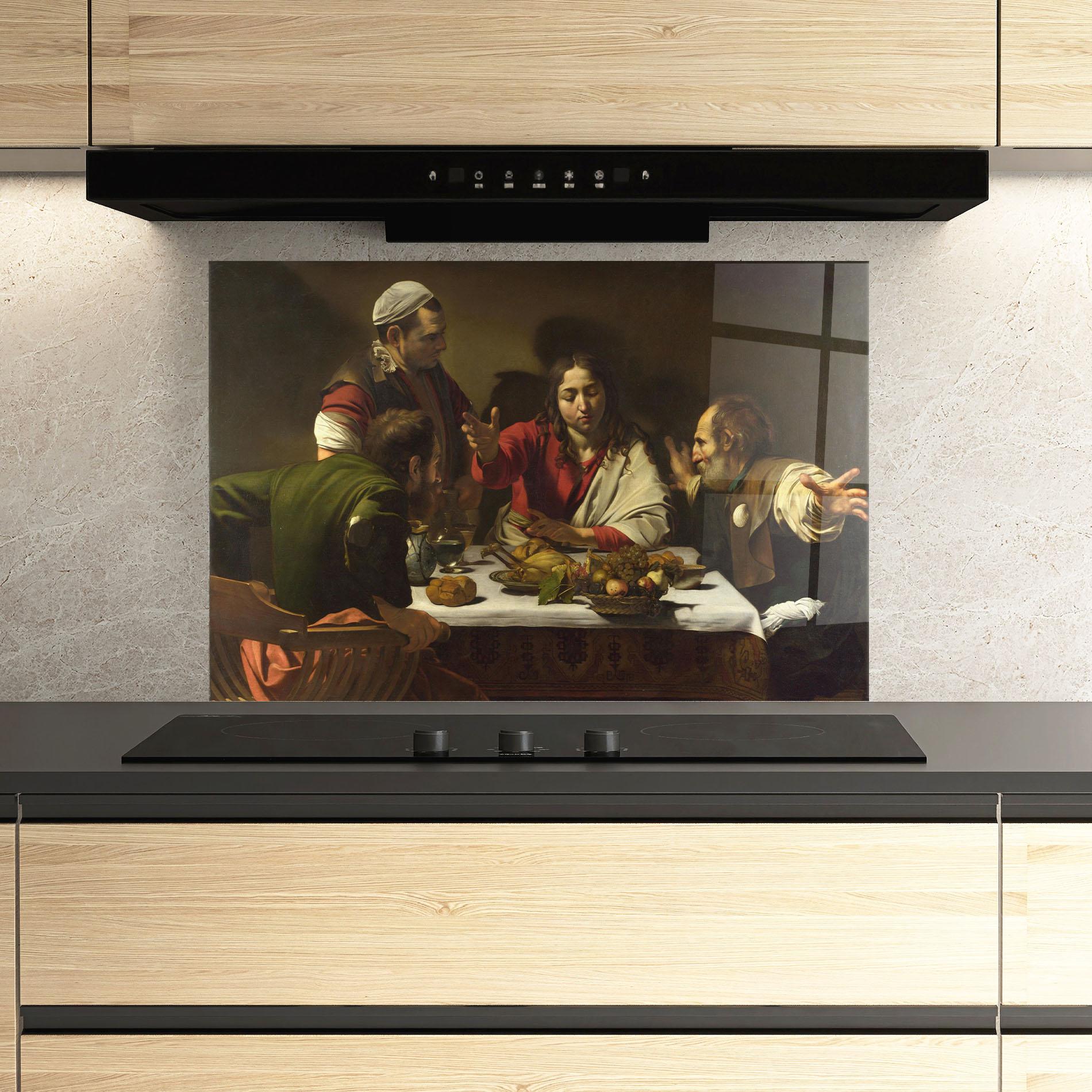 Küchenrückwand Glas Supper At Emmaus mockup 3