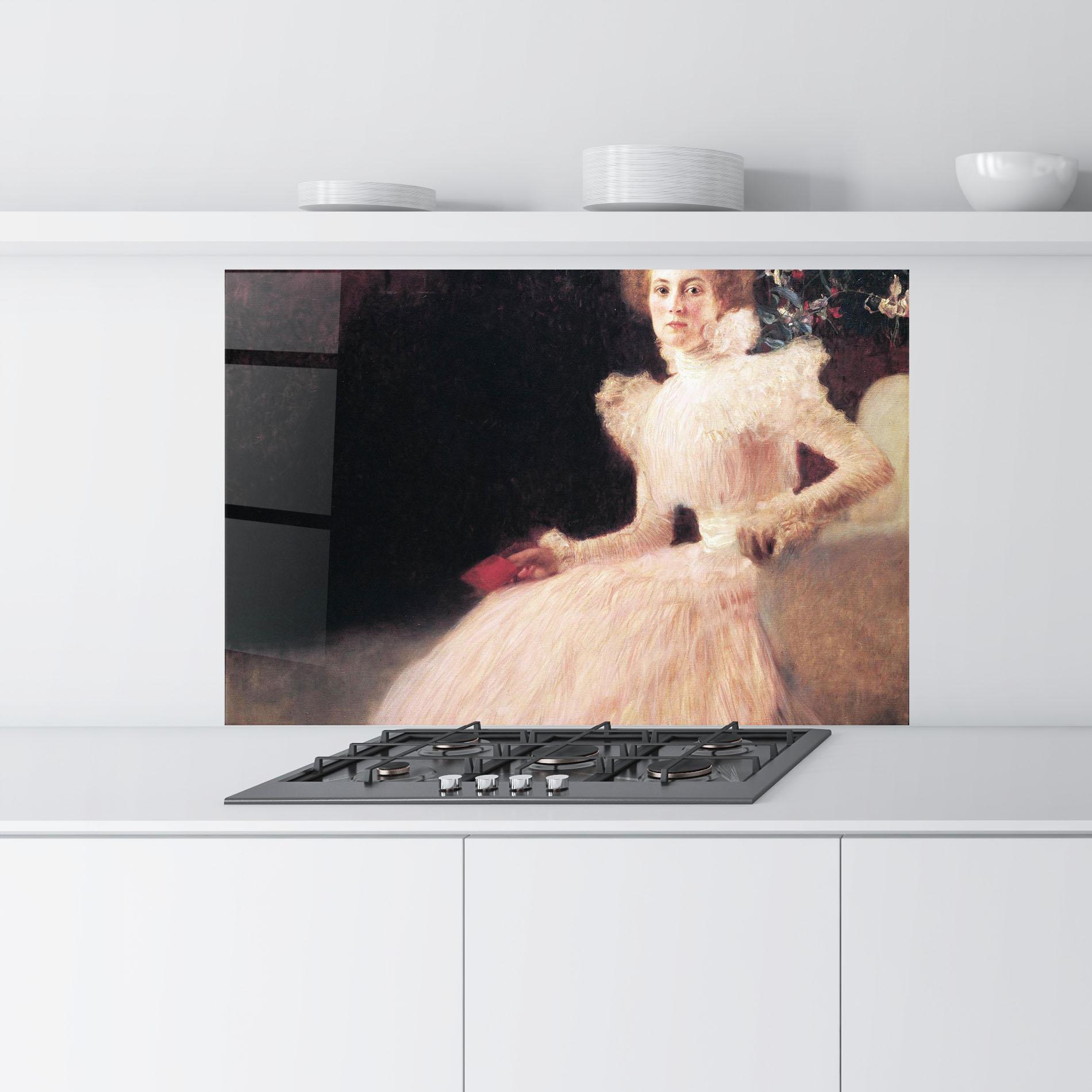 Küchenrückwand Glas Gustav Klimt Pink Dress mockup 9