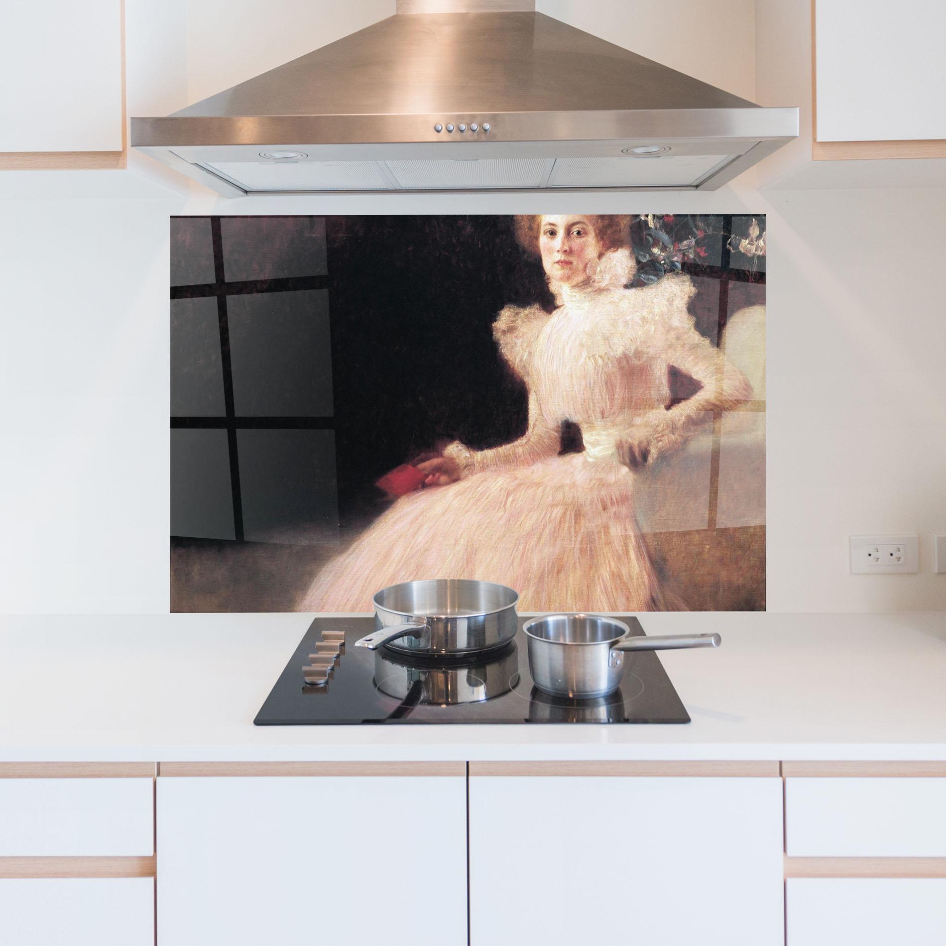Küchenrückwand Glas Gustav Klimt Pink Dress mockup 5
