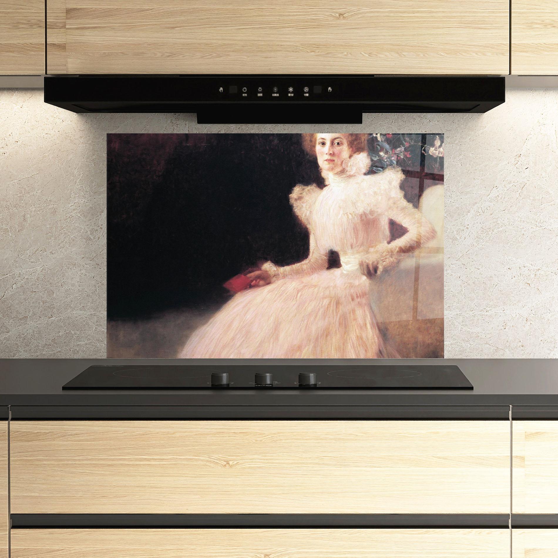 Küchenrückwand Glas Gustav Klimt Pink Dress mockup 3