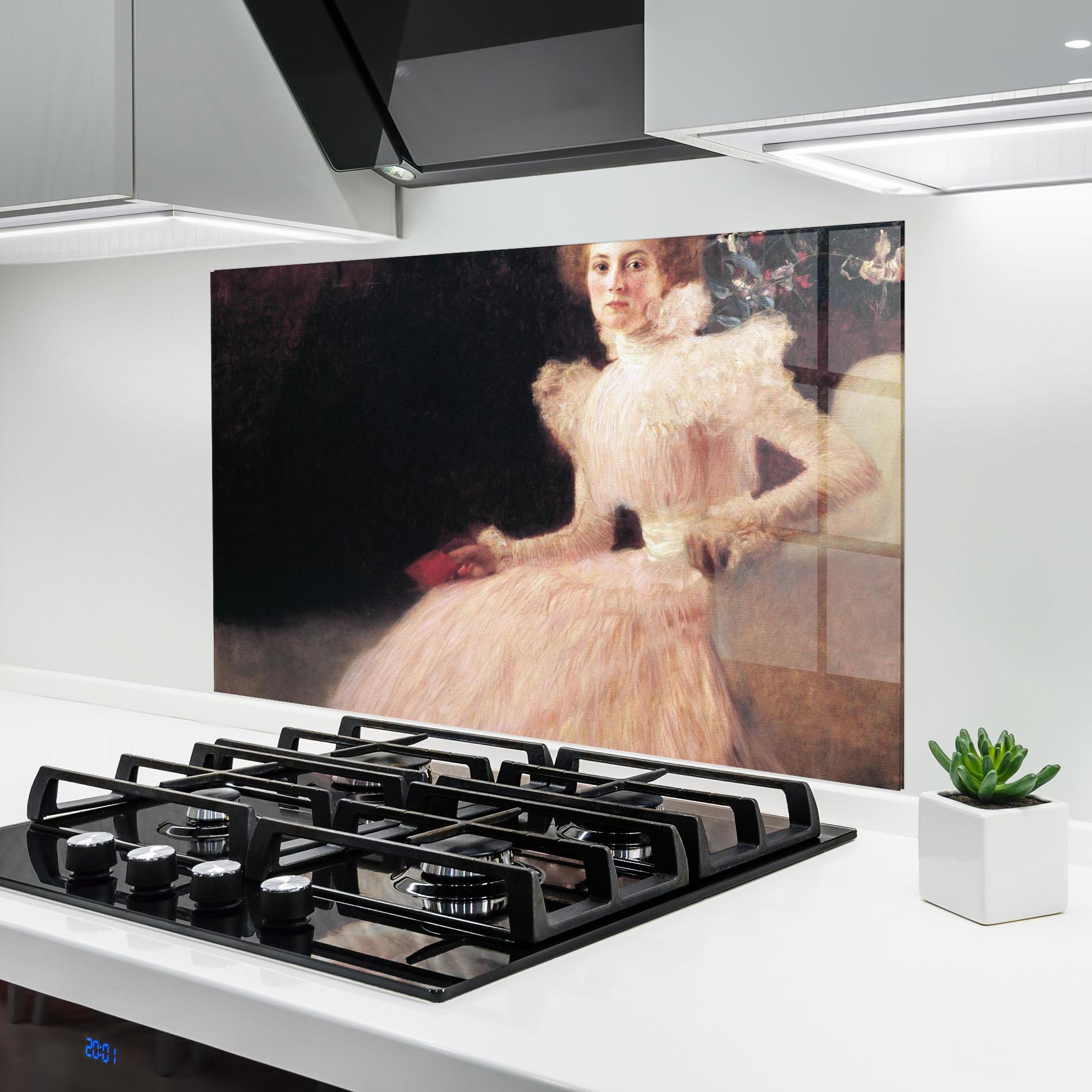 Küchenrückwand Glas Gustav Klimt Pink Dress mockup 6