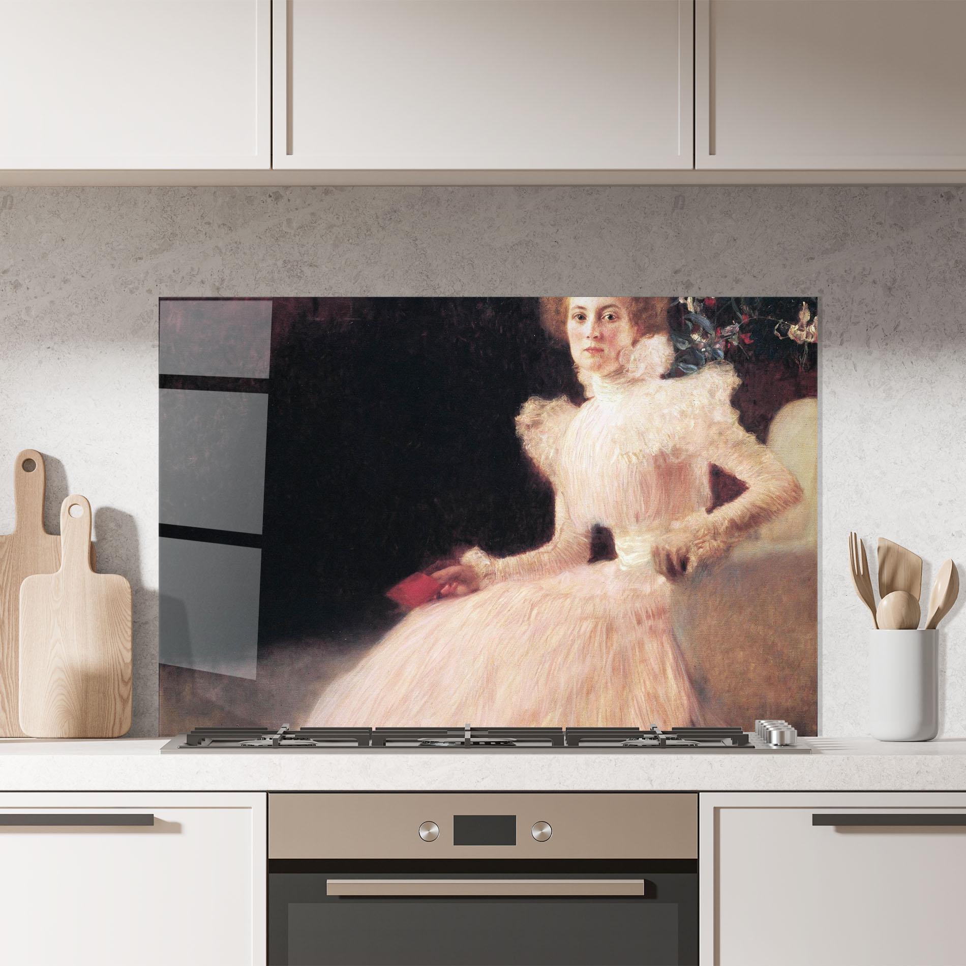 Küchenrückwand Glas Gustav Klimt Pink Dress mockup 7