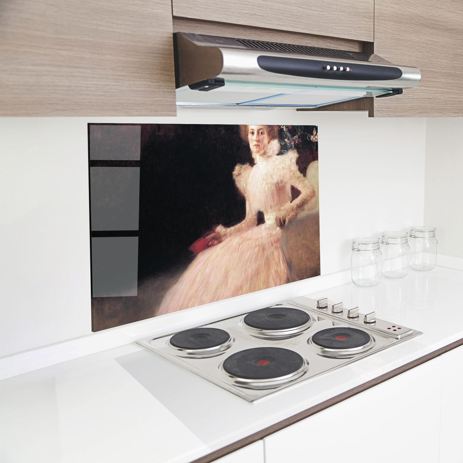 Küchenrückwand Glas Gustav Klimt Pink Dress mockup 8