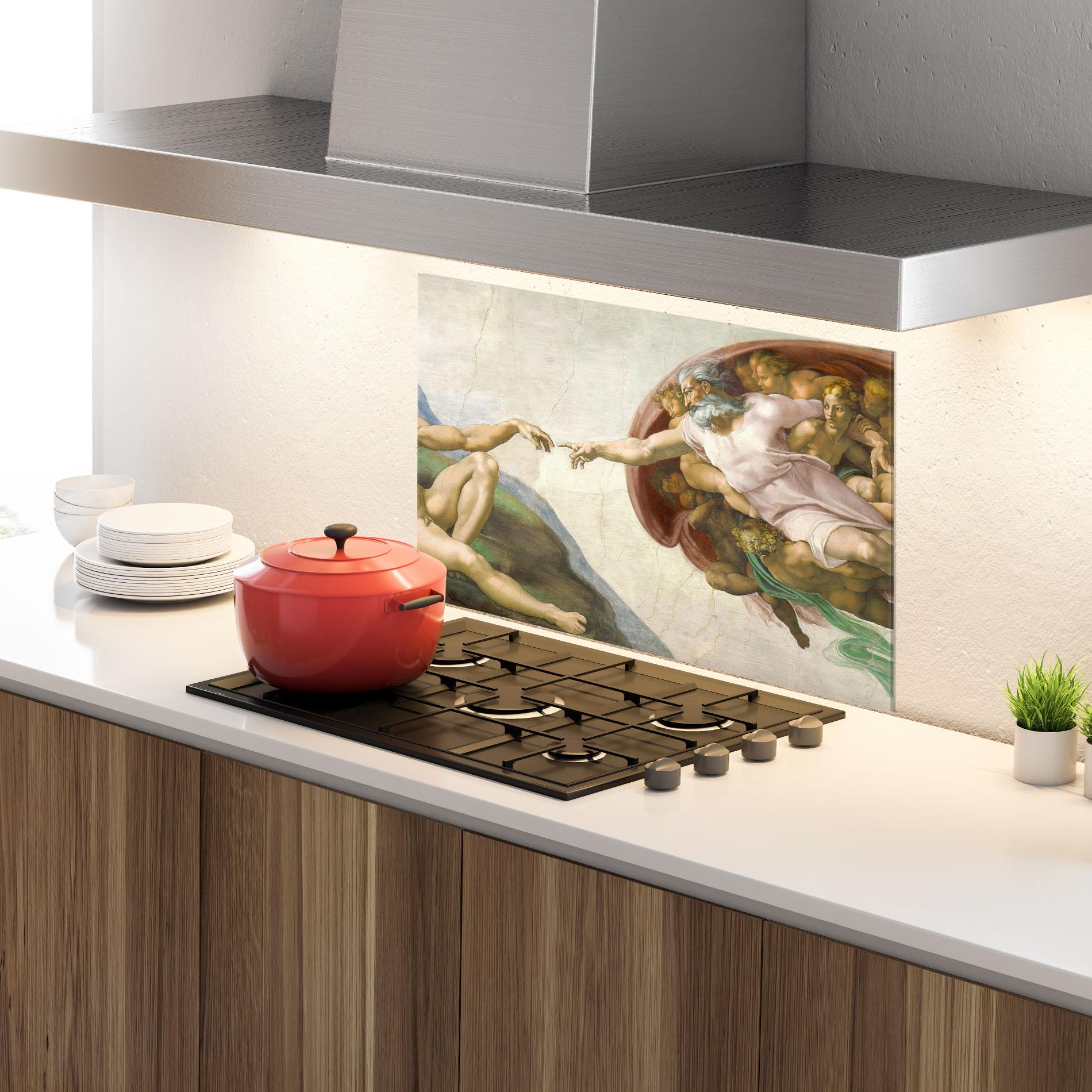 Küchenrückwand Glas The Creation Of Adam mockup 4