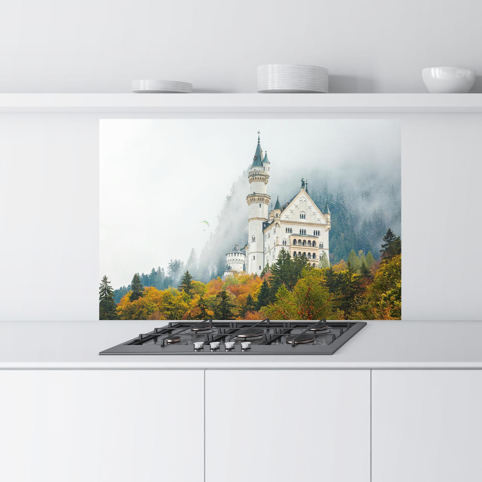 Küchenrückwand Glas Neuschwanstein Castle Foggy mockup 9