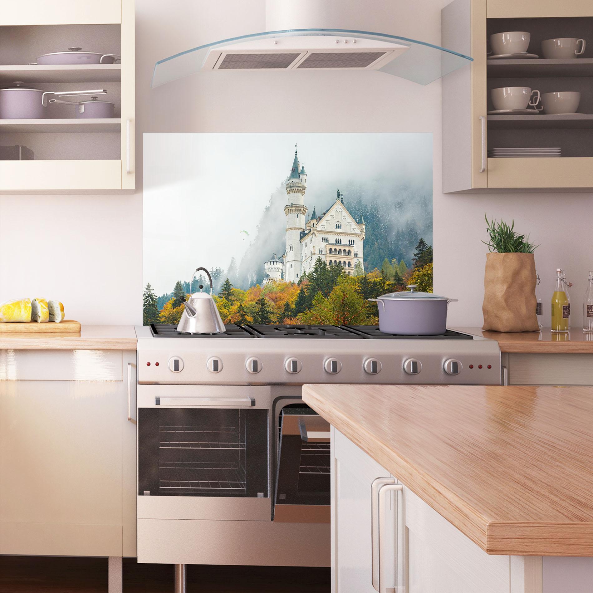 Küchenrückwand Glas Neuschwanstein Castle Foggy mockup 1