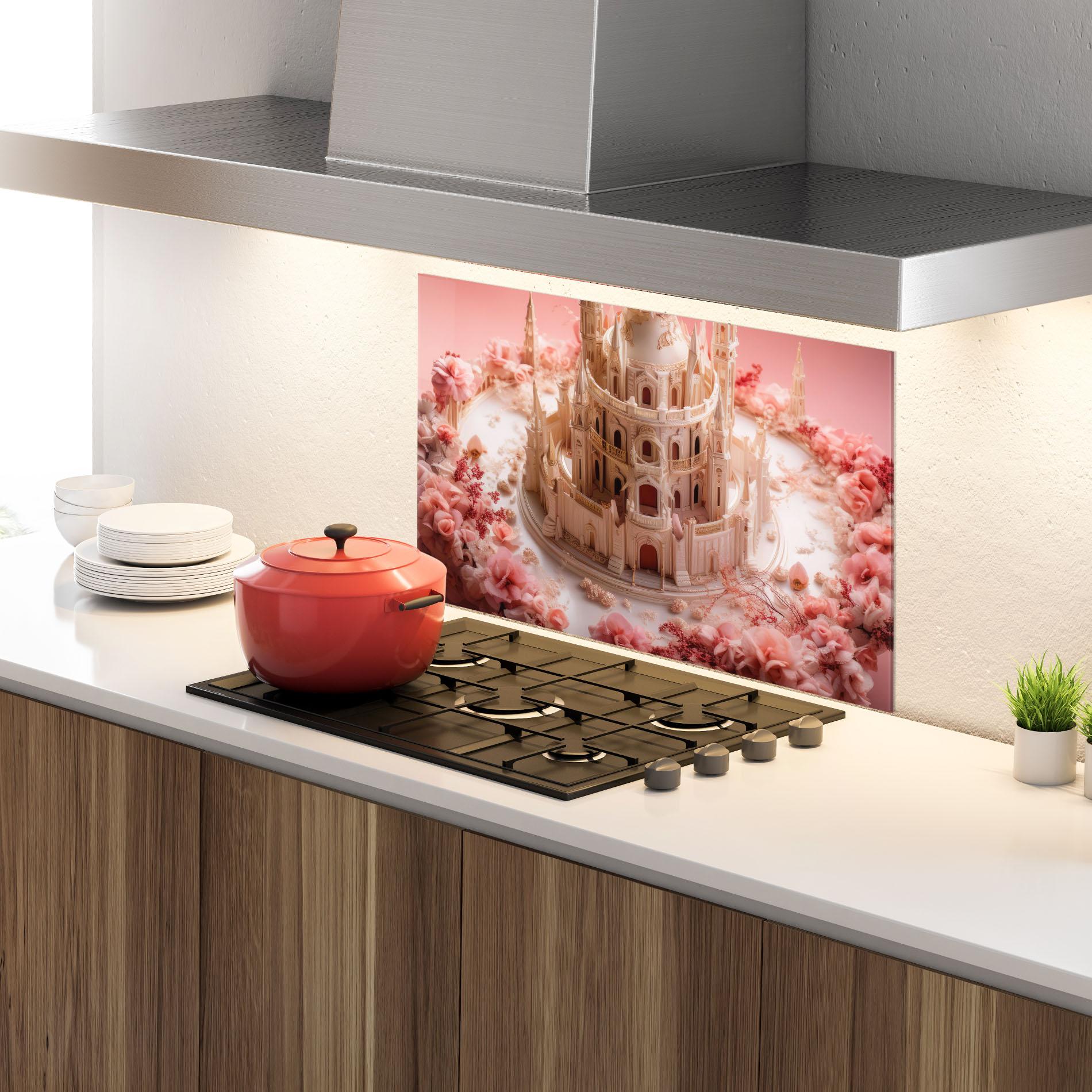 Küchenrückwand Glas Cream Castle Flower mockup 4