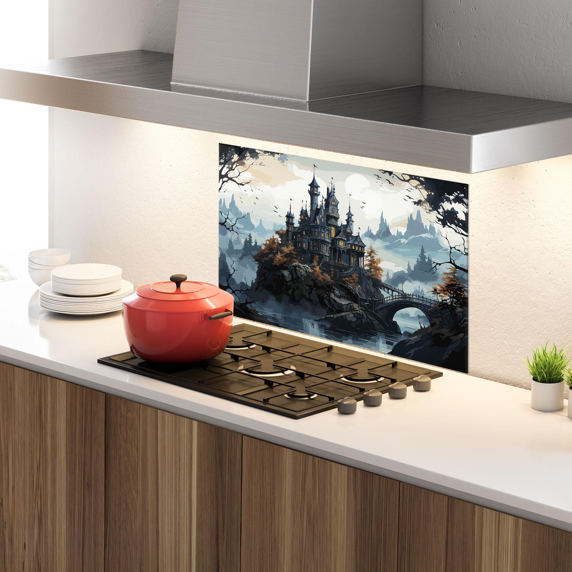 Küchenrückwand Glas Grey Big Castle mockup 4