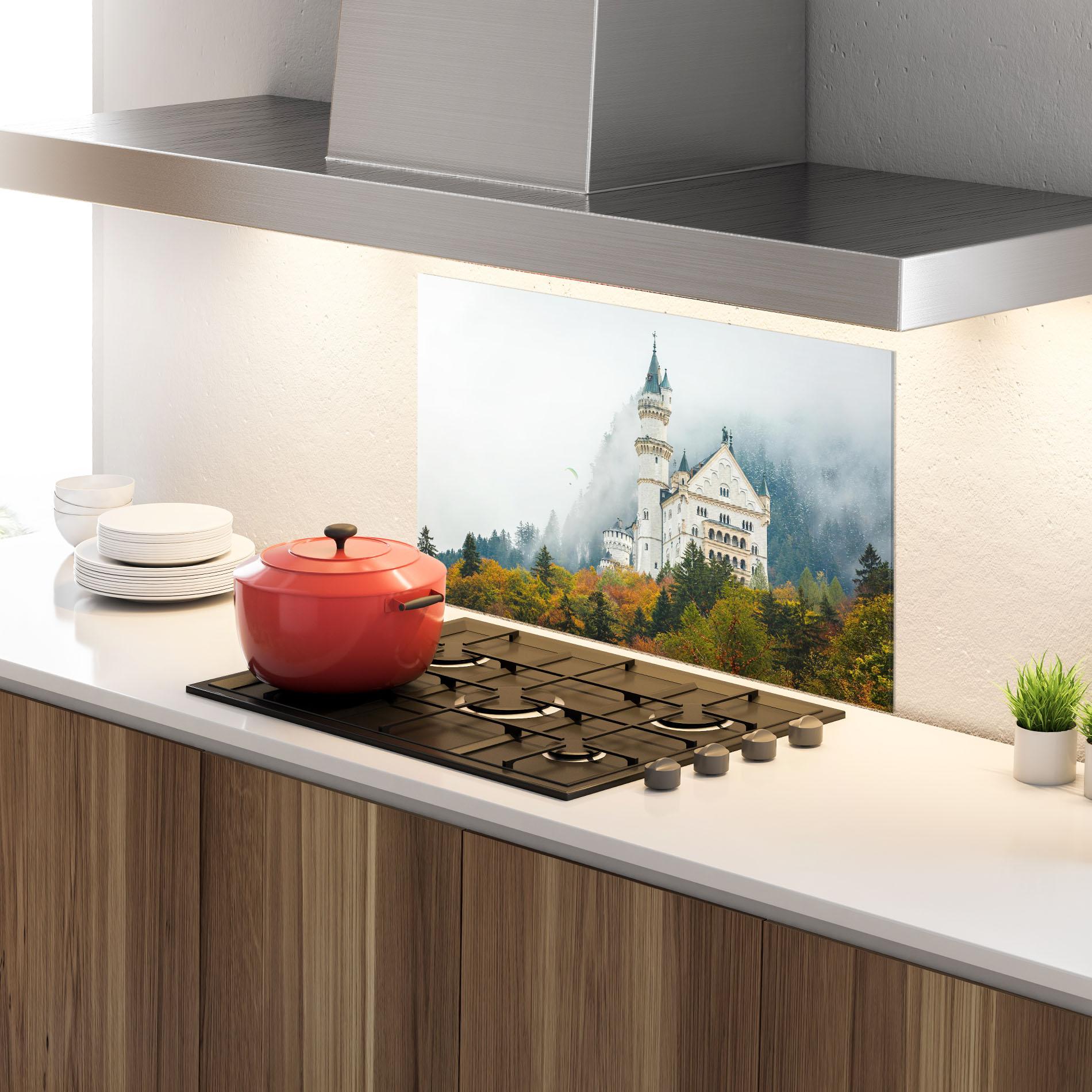 Küchenrückwand Glas Neuschwanstein Castle Foggy mockup 4