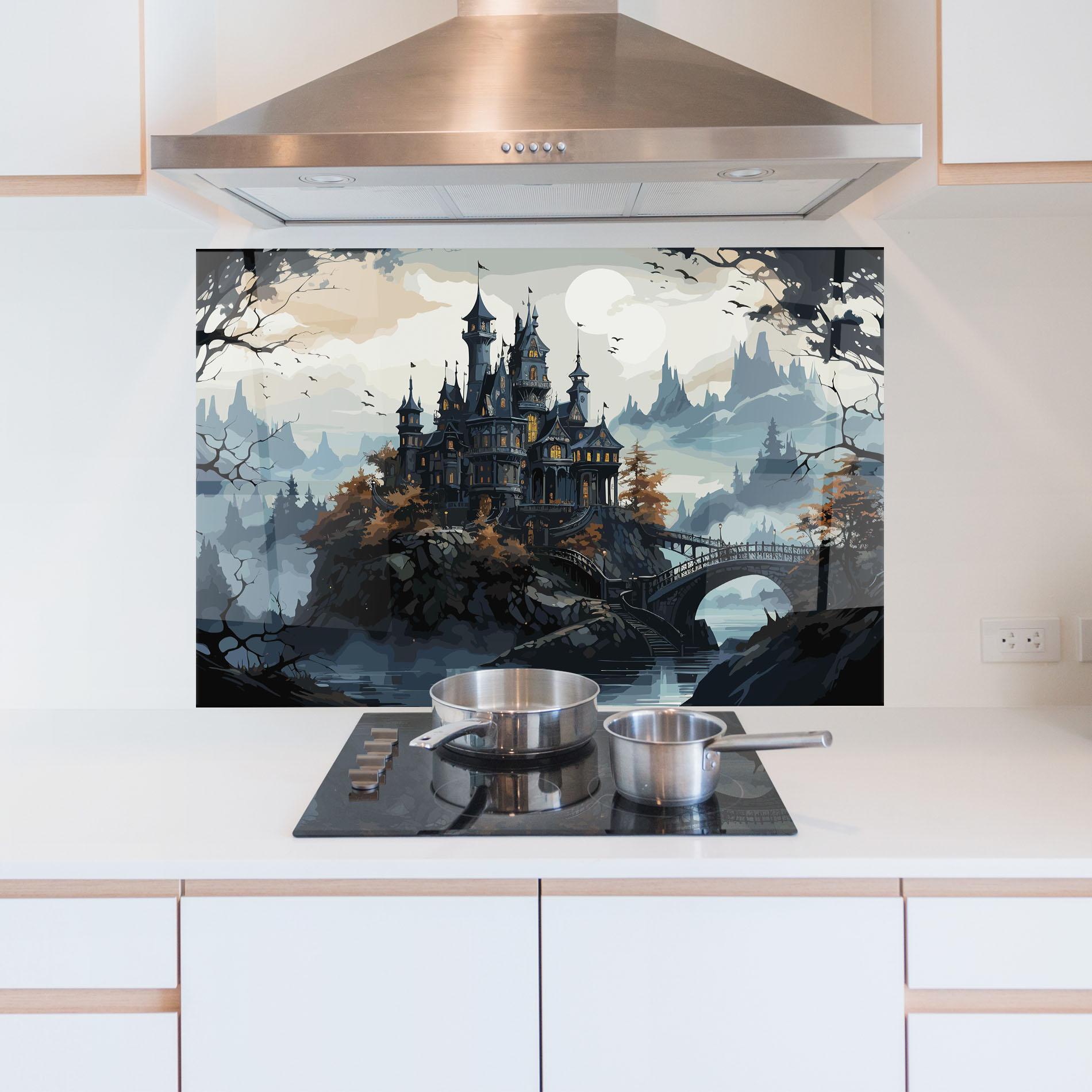 Küchenrückwand Glas Grey Big Castle mockup 5
