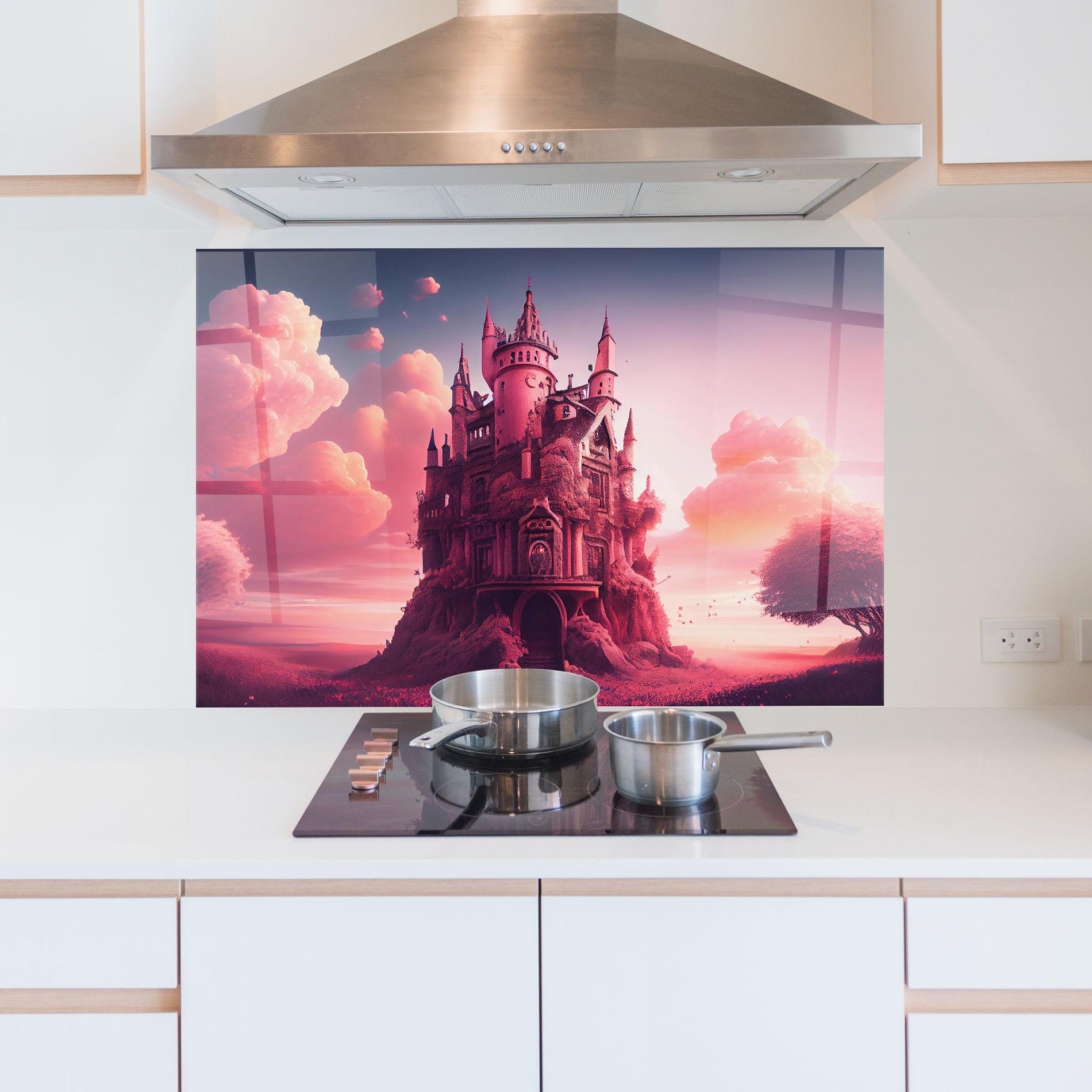 Küchenrückwand Glas Pink Cute Castle mockup 5