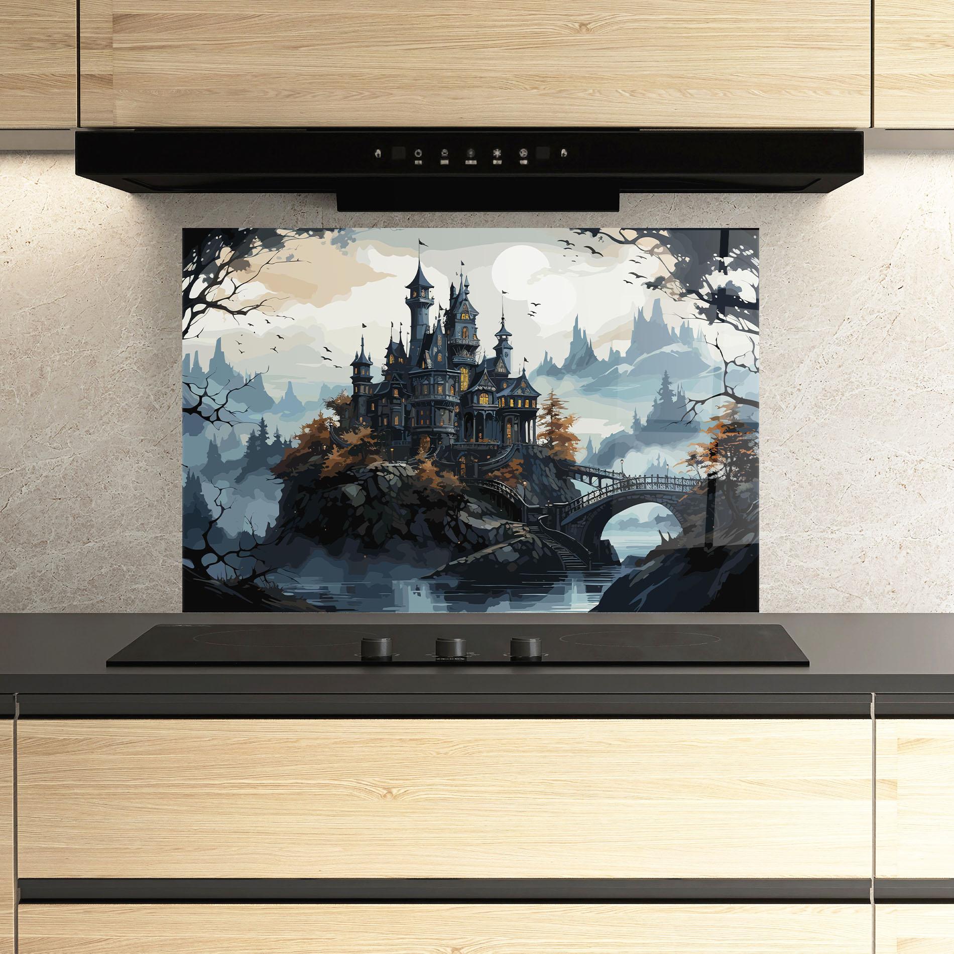 Küchenrückwand Glas Grey Big Castle mockup 3