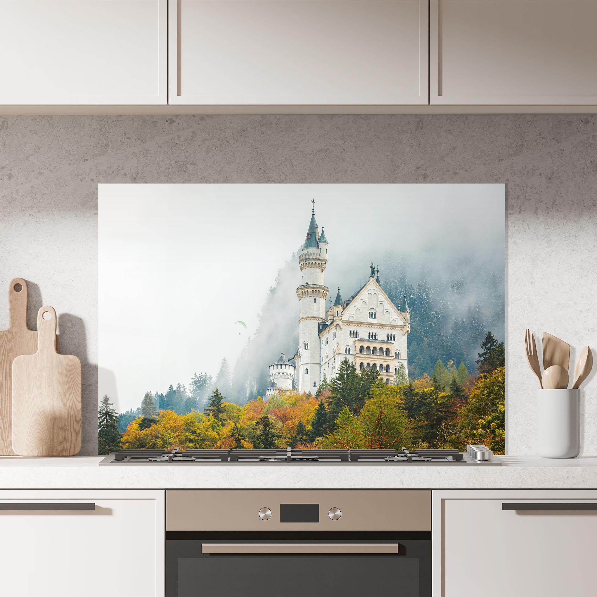 Küchenrückwand Glas Neuschwanstein Castle Foggy mockup 7
