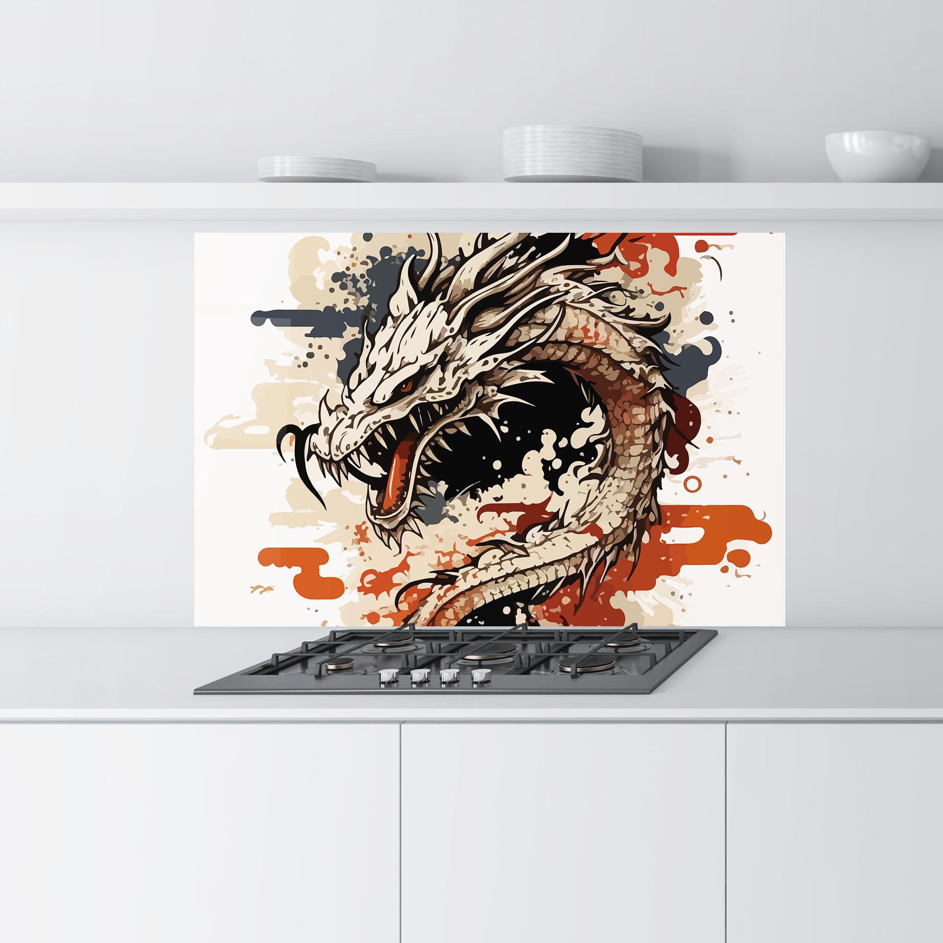 Küchenrückwand Glas Cream Dragon Art mockup 9