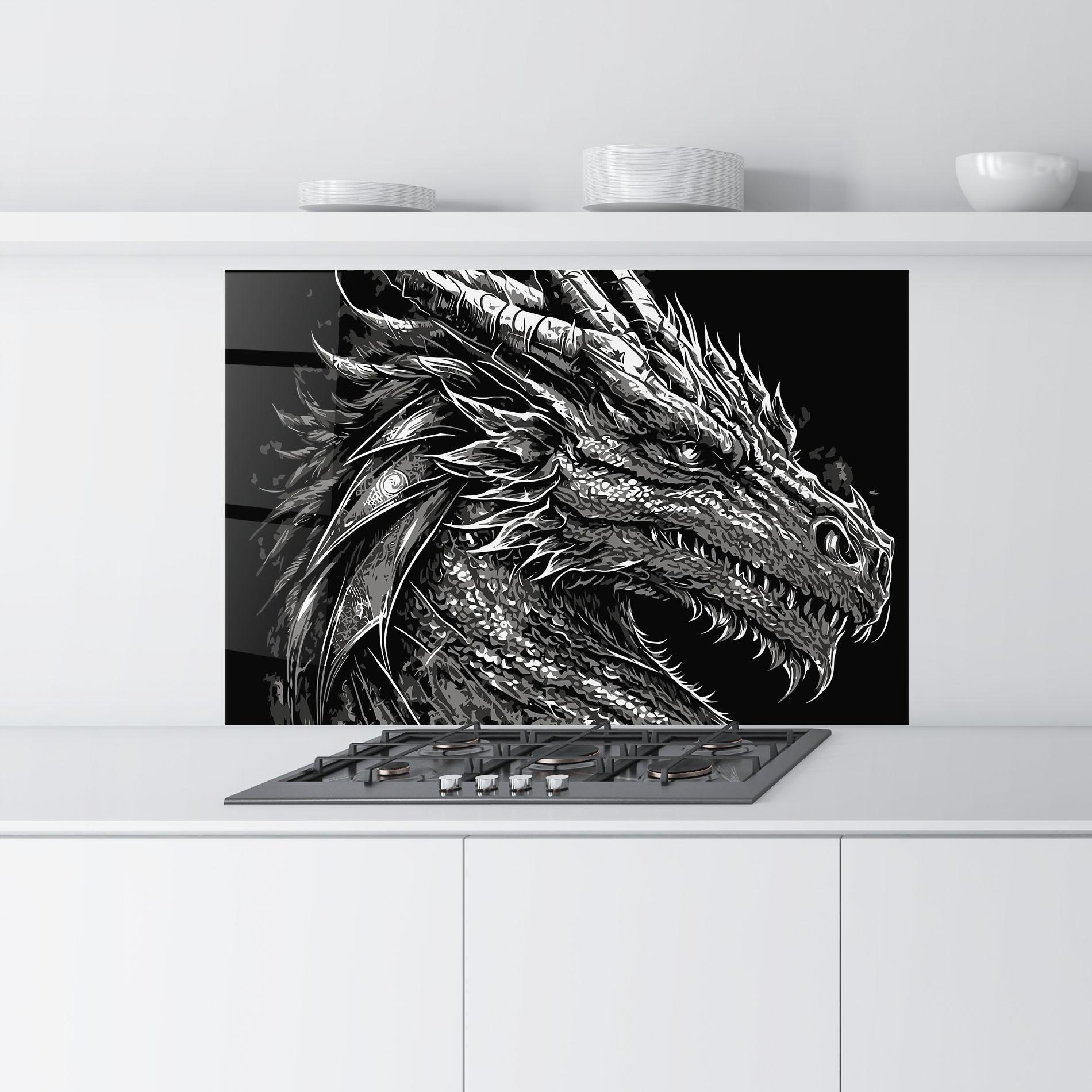 Küchenrückwand Glas Grey White Dragon mockup 9