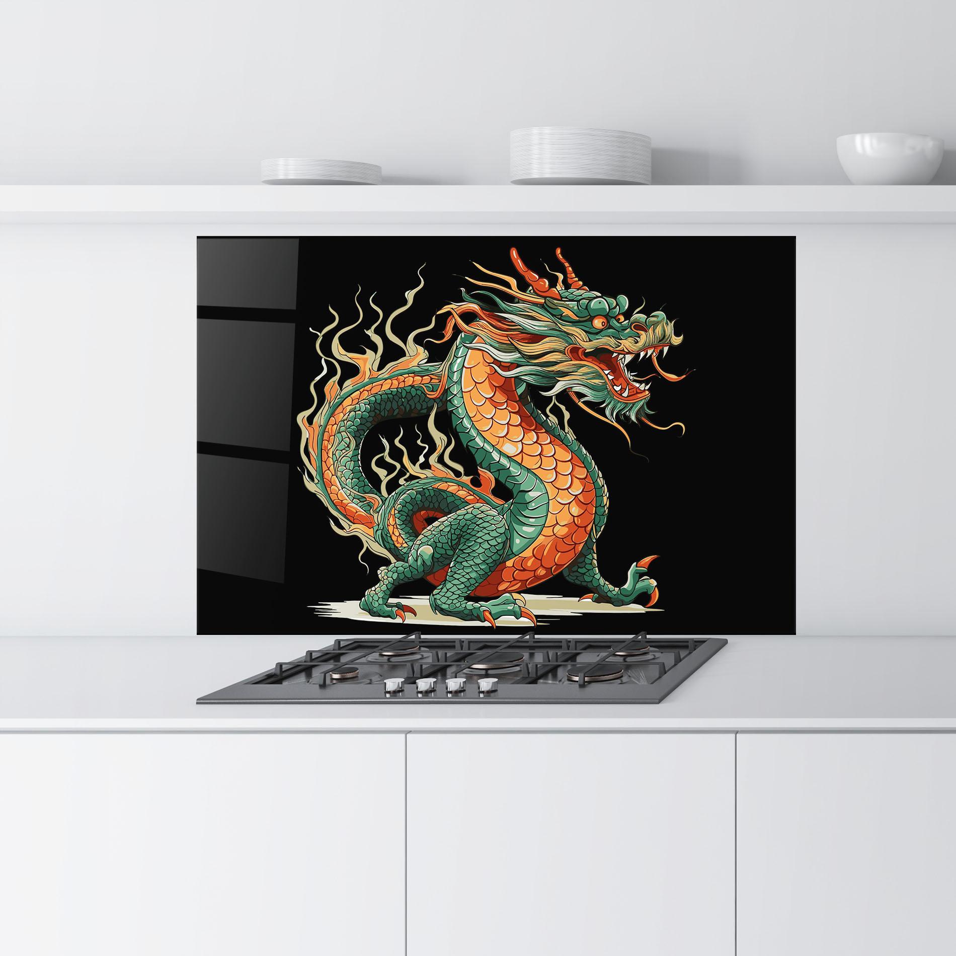 Küchenrückwand Glas Orange Green Dragon mockup 9