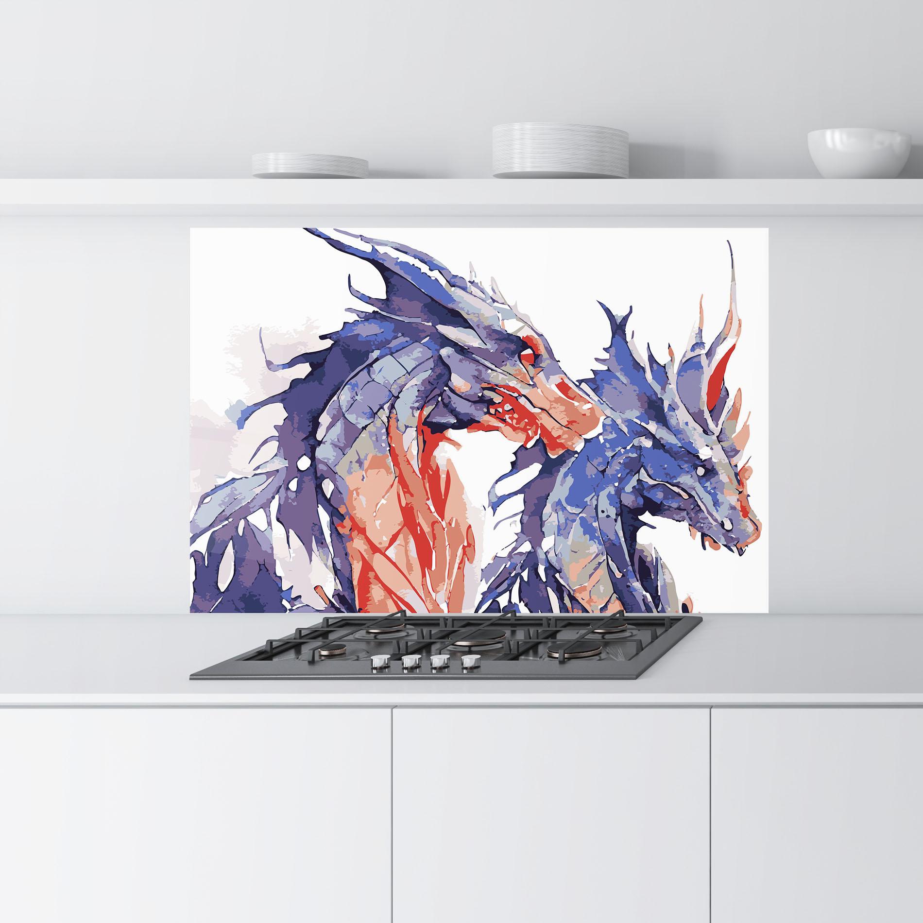Küchenrückwand Glas Purple Orange Dragon mockup 9