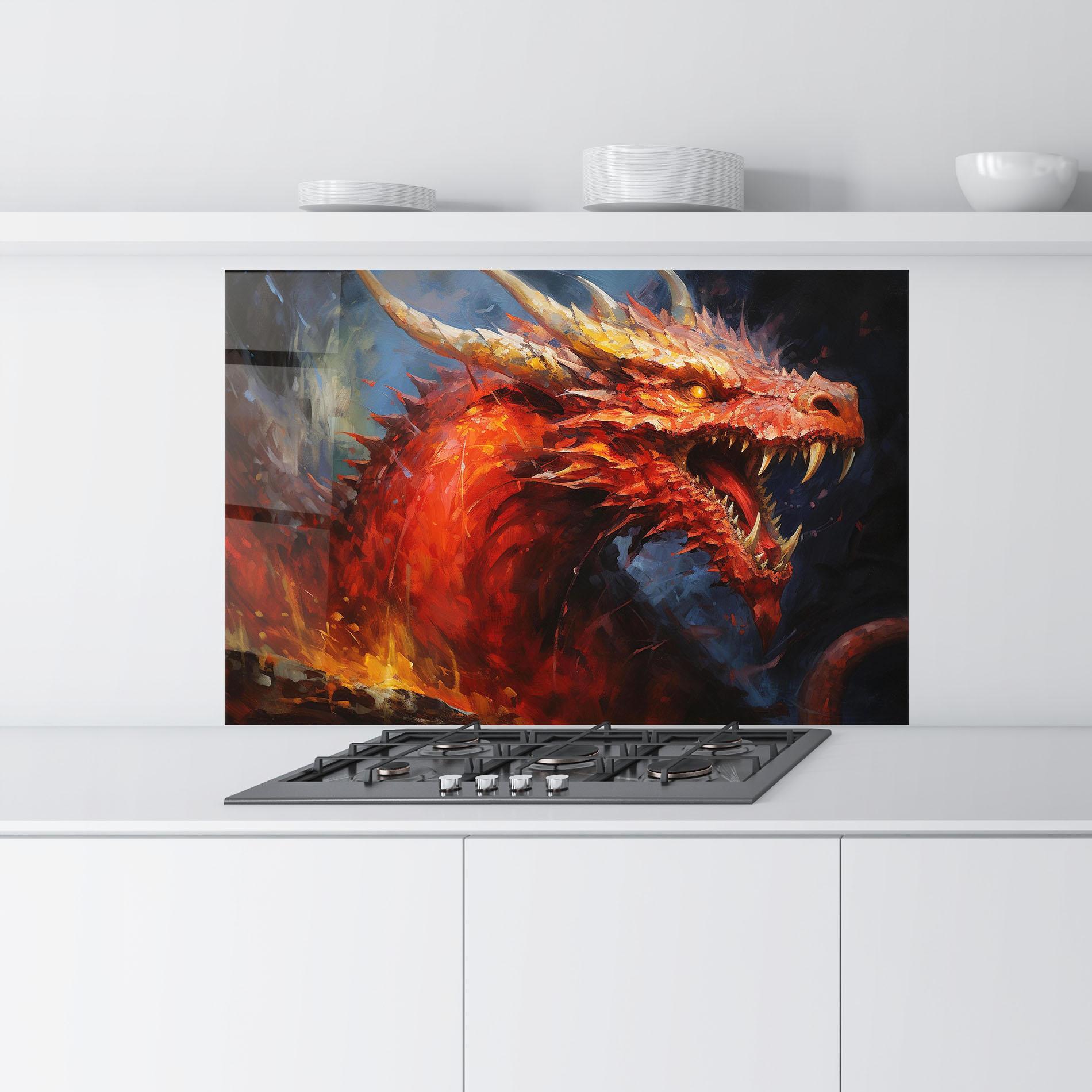 Küchenrückwand Glas Red Dragon Painting mockup 9