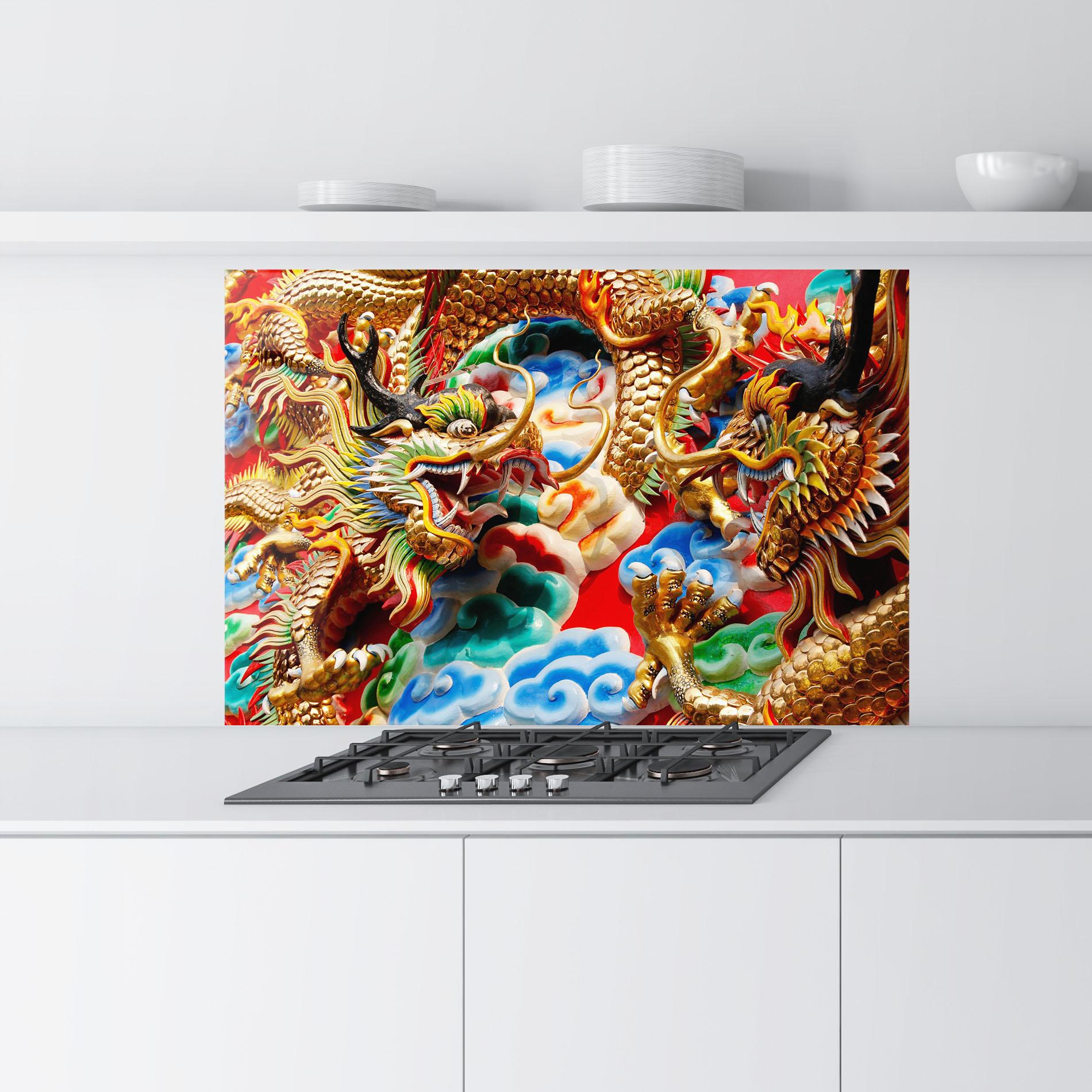 Küchenrückwand Glas Red Golden Dragon mockup 9