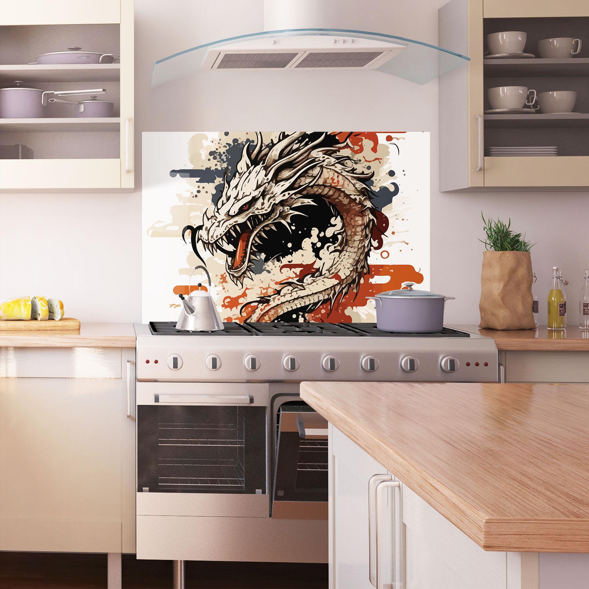 Küchenrückwand Glas Cream Dragon Art mockup 1