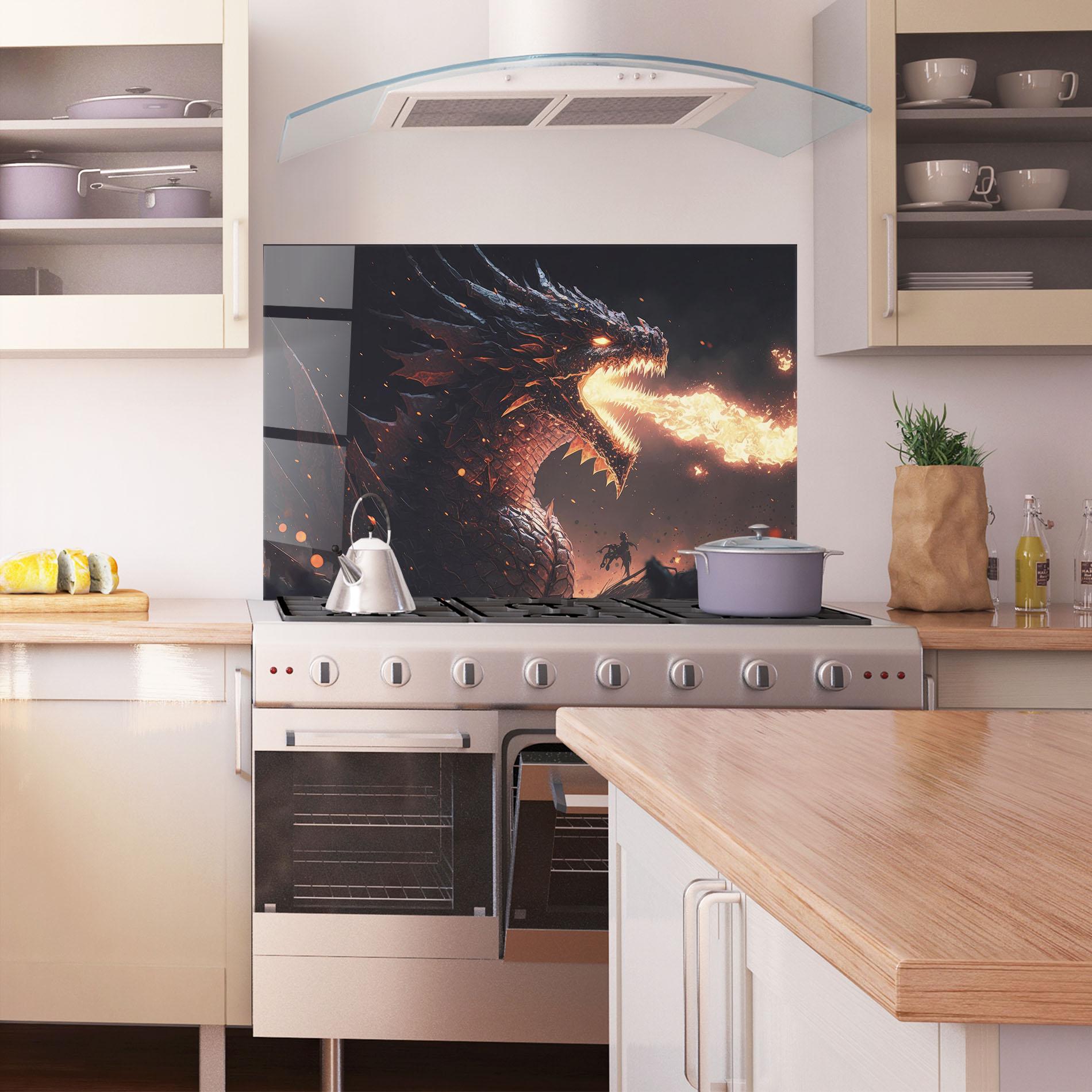 Küchenrückwand Glas Fire Explosion Dragon mockup 1