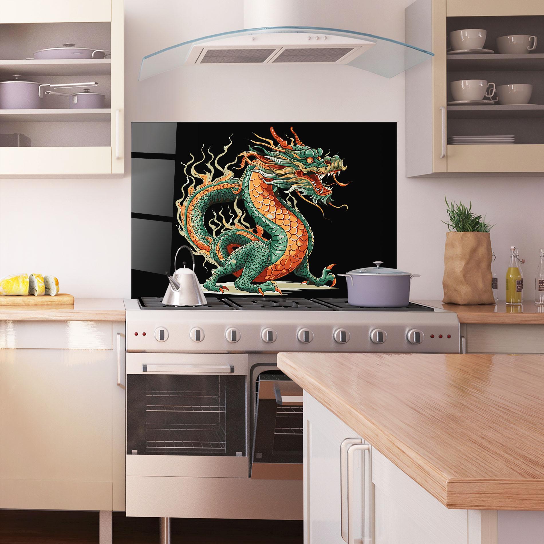 Küchenrückwand Glas Orange Green Dragon mockup 1