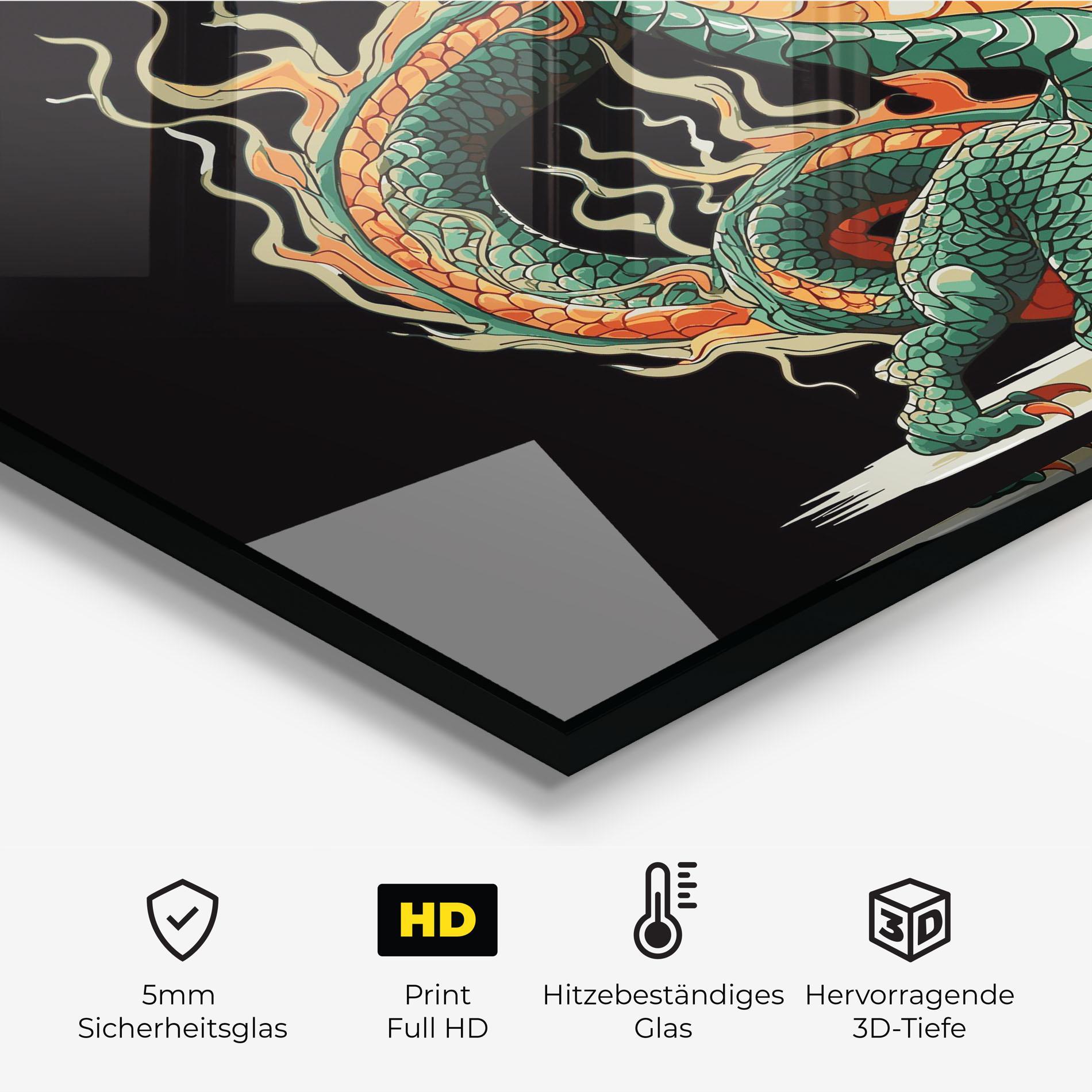 Küchenrückwand Glas Orange Green Dragon mockup 2