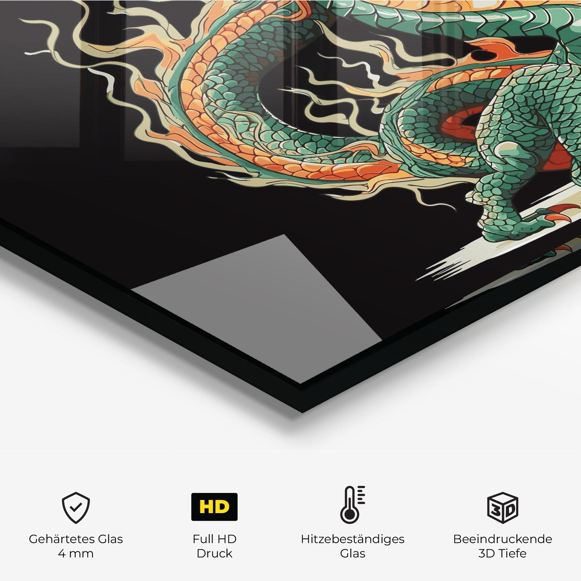 Küchenrückwand Glas Orange Green Dragon mockup 2