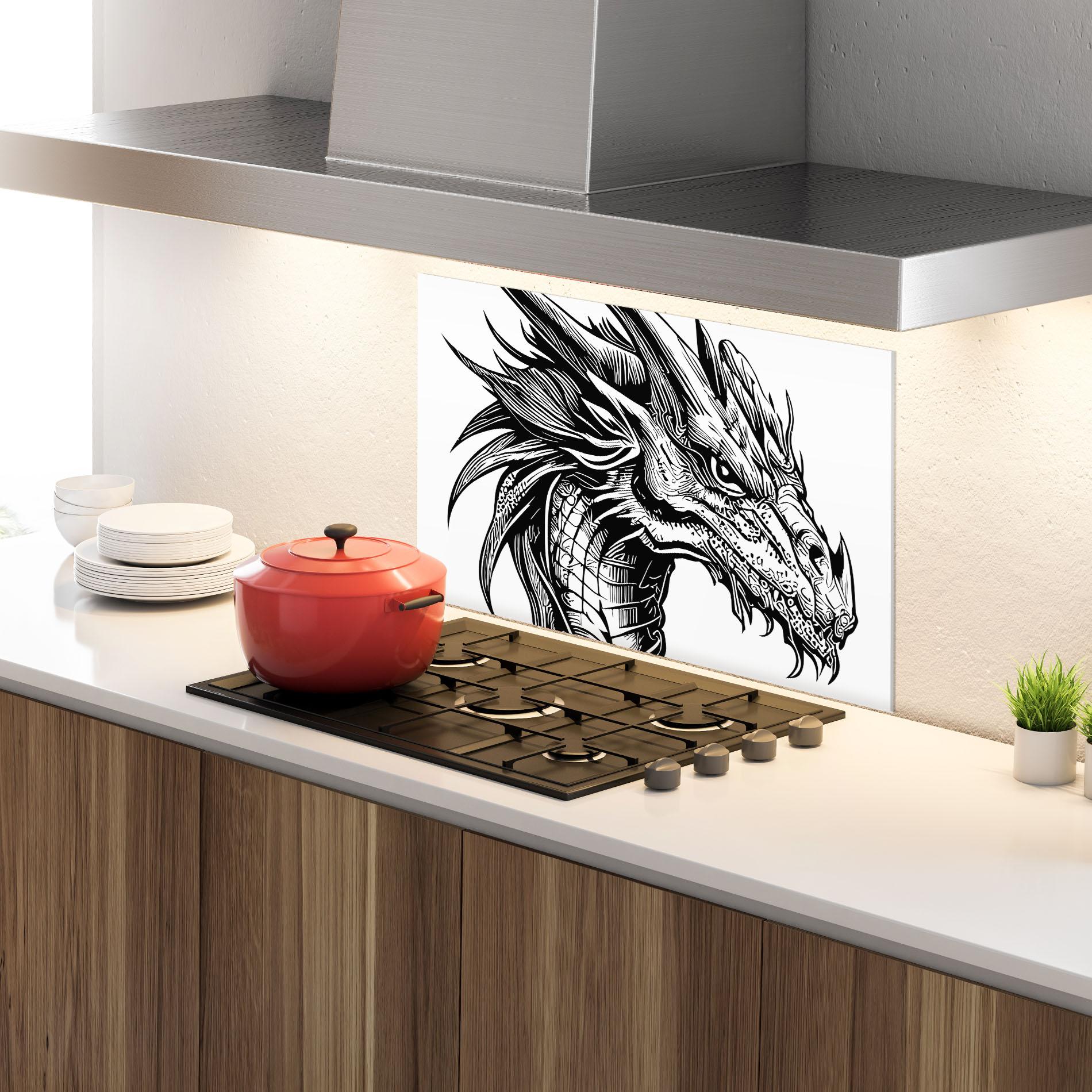 Küchenrückwand Glas Black Line Dragon mockup 4