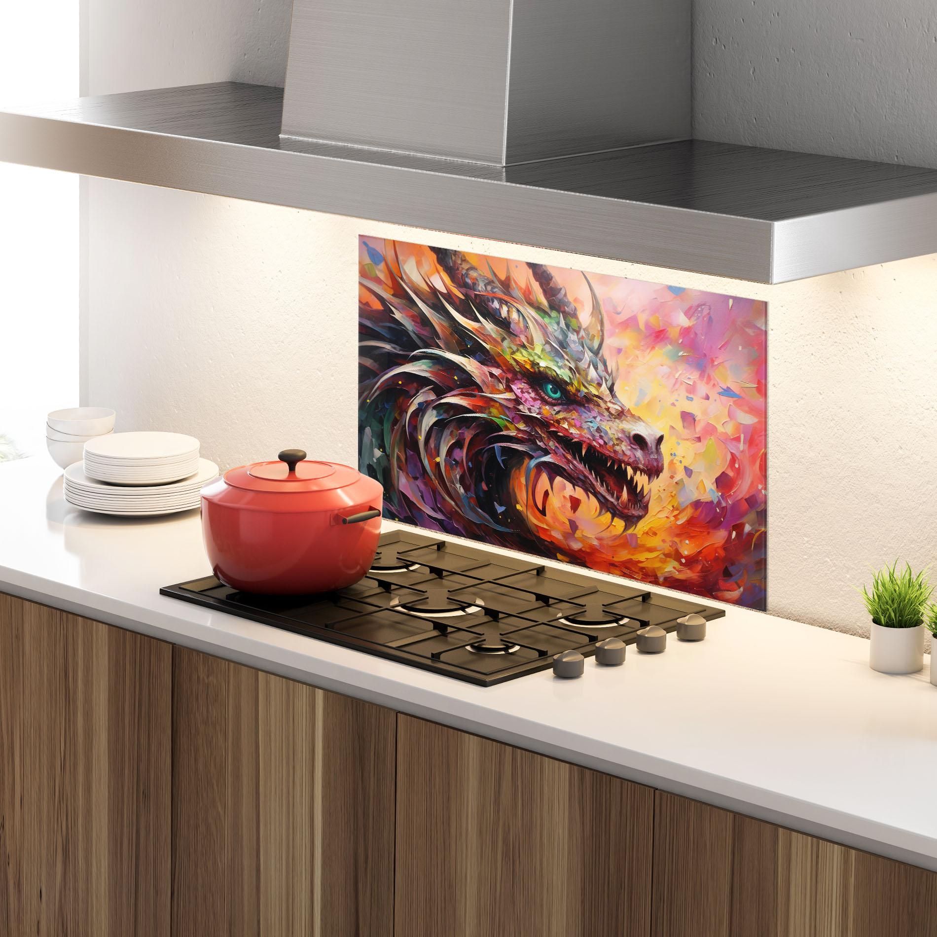 Küchenrückwand Glas Colorful Dragon Painting mockup 4