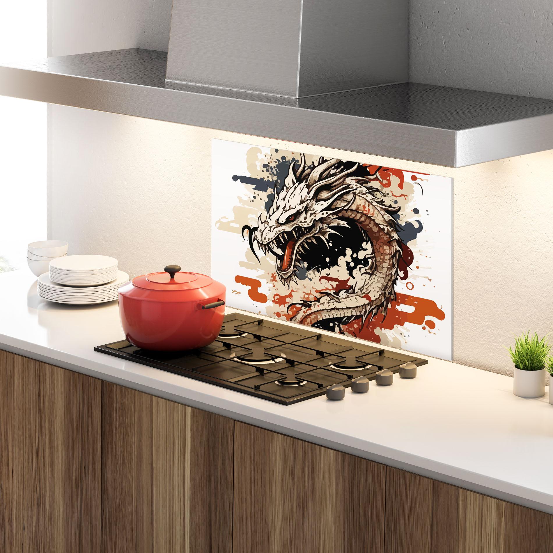 Küchenrückwand Glas Cream Dragon Art mockup 4