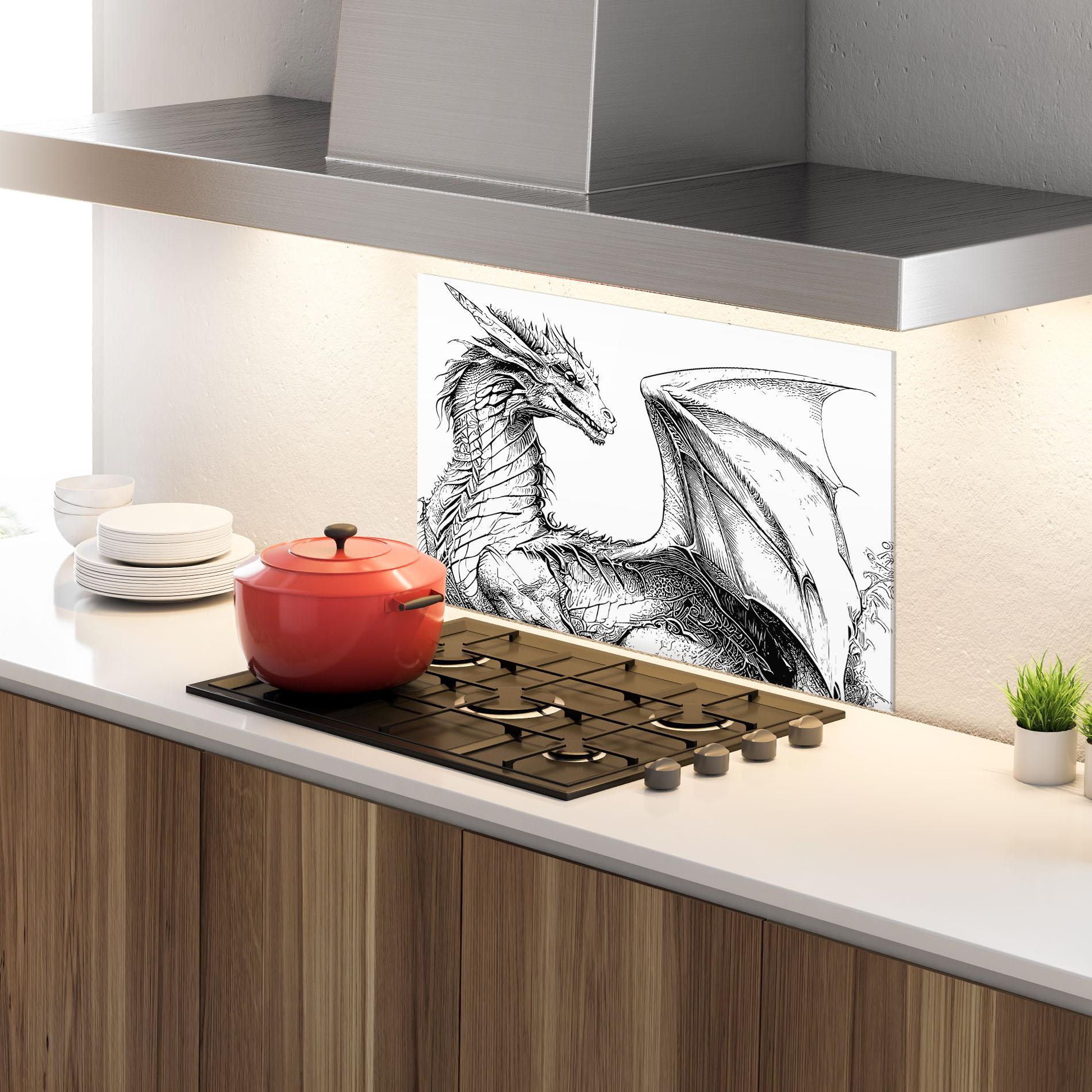 Küchenrückwand Glas Dragon Sketch mockup 4