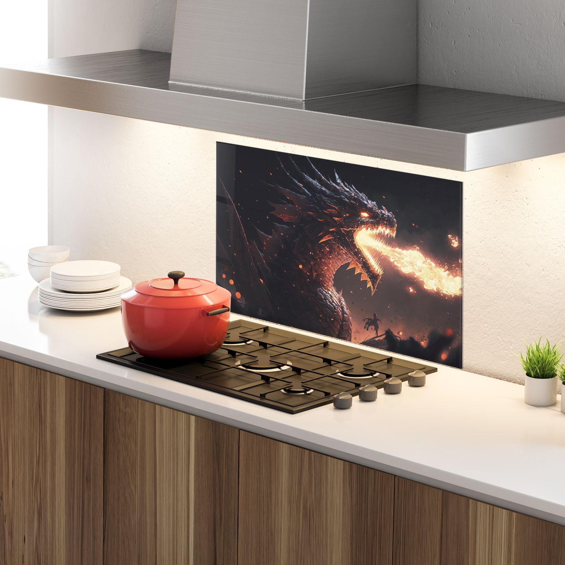 Küchenrückwand Glas Fire Explosion Dragon mockup 4